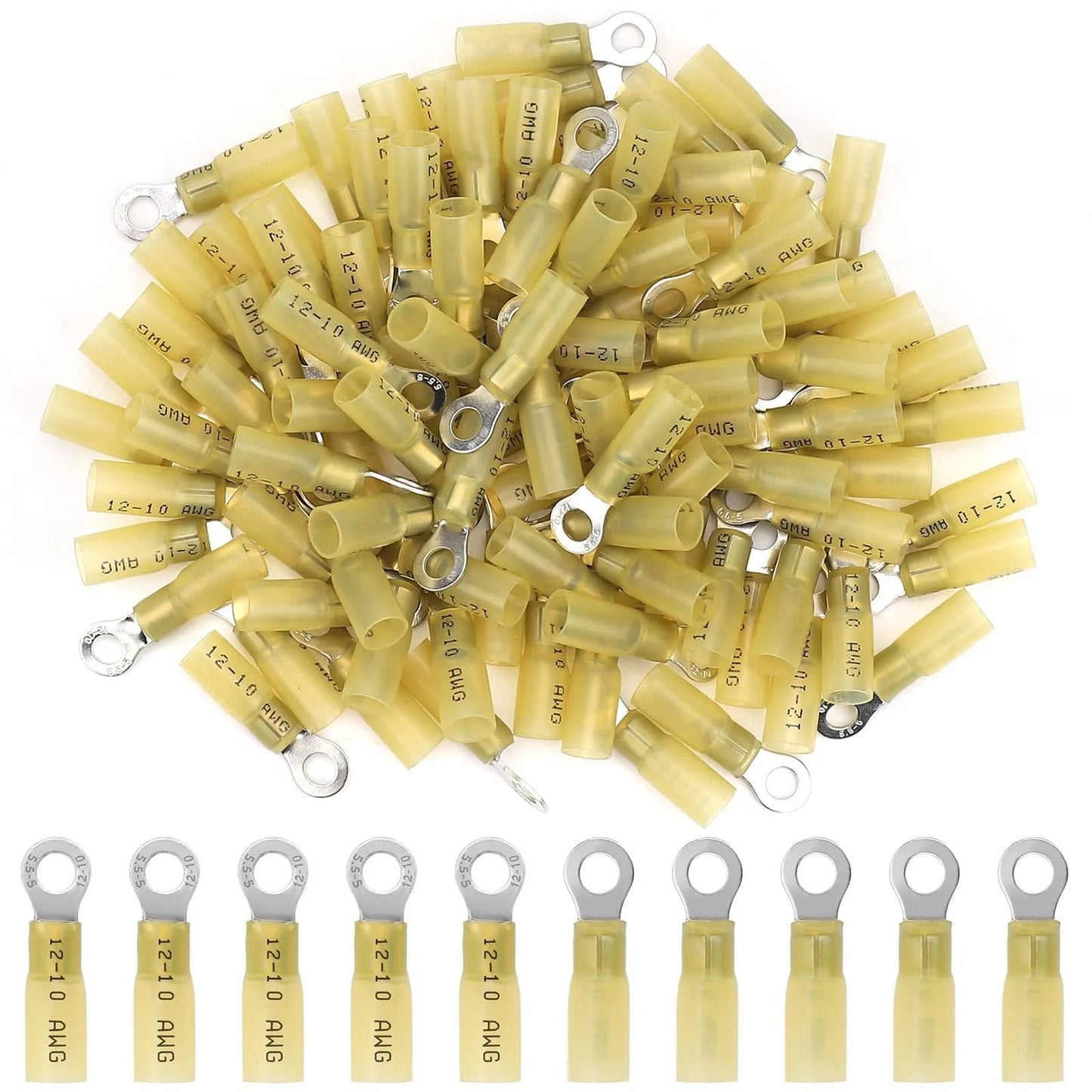 Heat Shrink Ring Terminals For 12 To 10 AWG Wire, 100 Pcs Insulated Eyelet Connectors, Marine Grade Ring Terminals For Automotive And Audio Wiring.