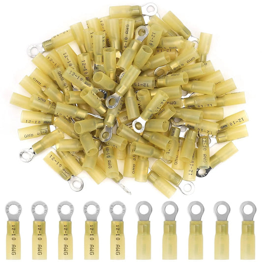 Heat Shrink Ring Terminals For 12 To 10 AWG Wire, 100 Pcs Insulated Eyelet Connectors, Marine Grade Ring Terminals For Automotive And Audio Wiring.