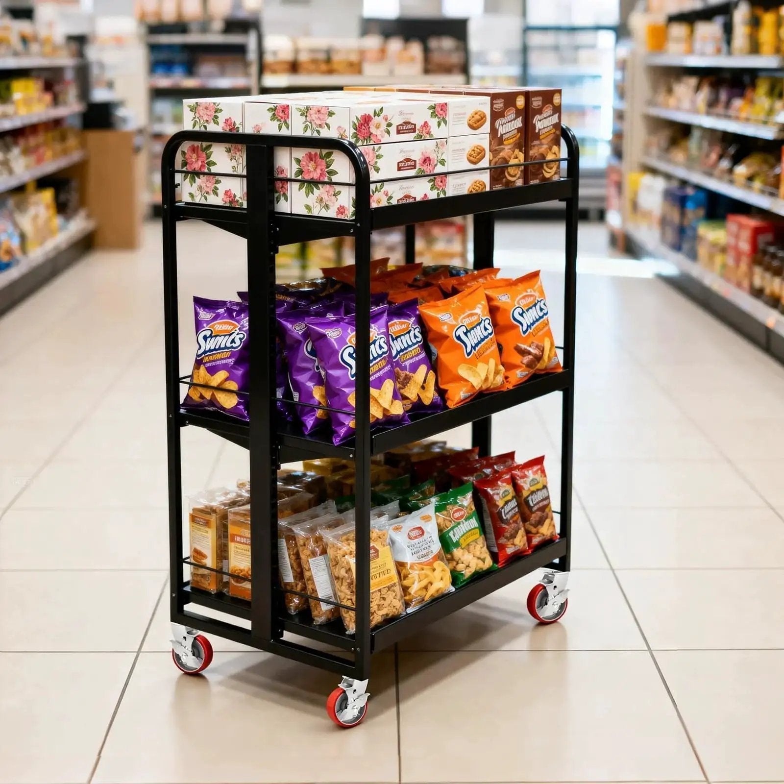 Snacks displayed on a black trolley with 5 Inch Industrial Casters With Low Noise Polyurethane Wheels in a store aisle