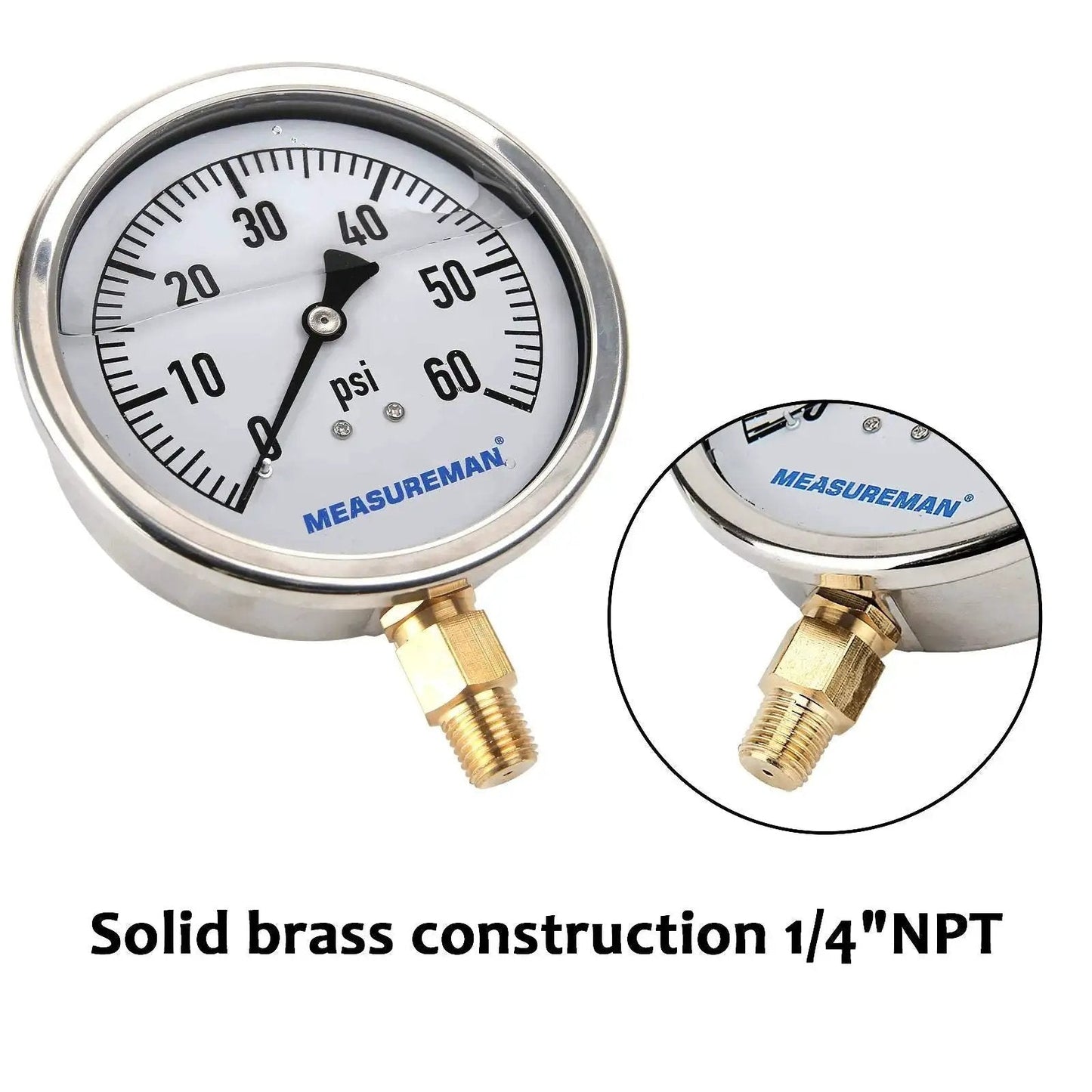 Glycerin Filled 4 Inch Dial Pressure Gauge for Plumbing 0 to 60 Psi with Stainless Steel Case Brass Wetted Parts One Quarter Inch NPT