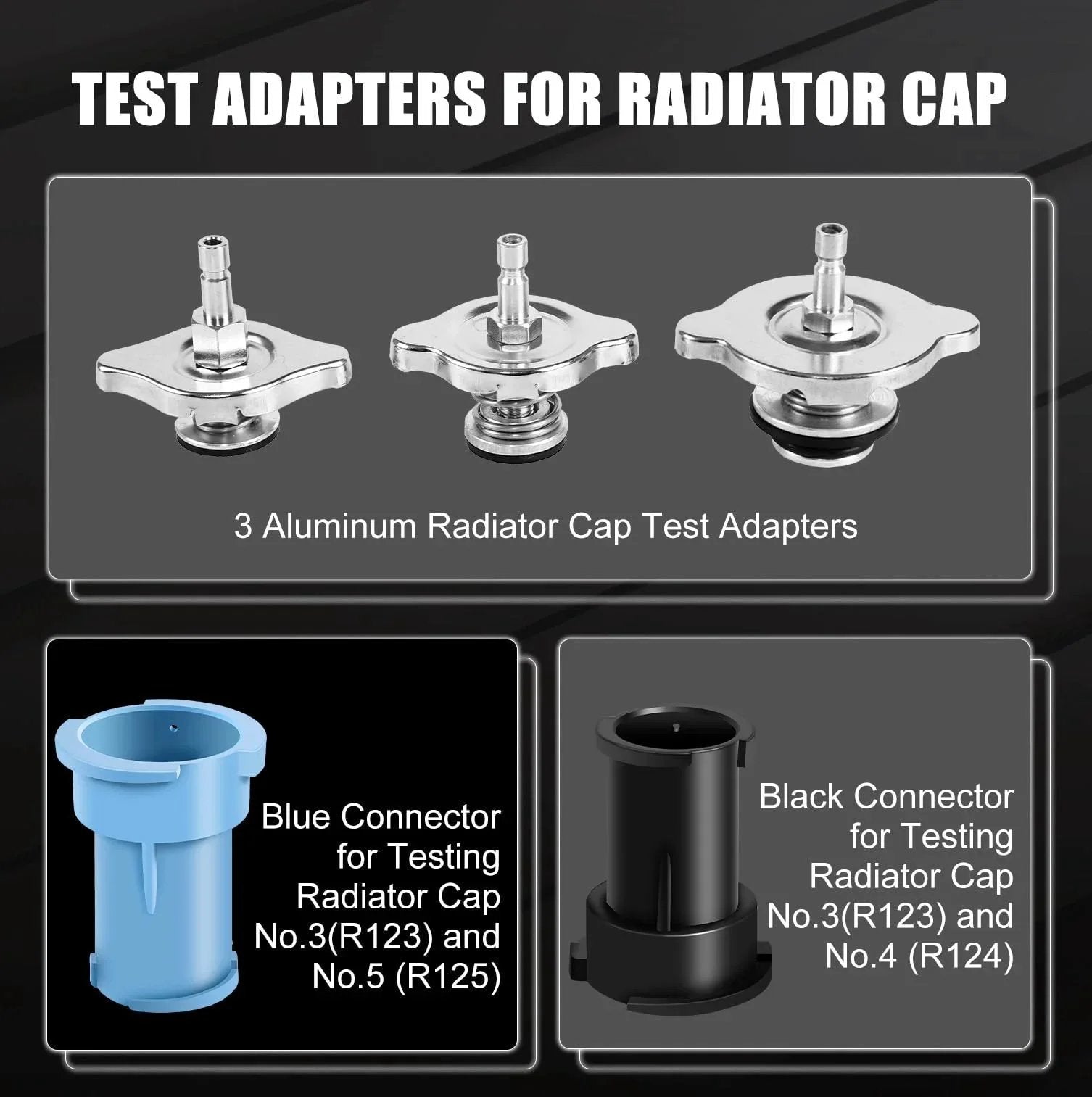 3 aluminum radiator cap test adapters and blue, black connectors from All In One Radiator Coolant Pressure Tester and Vacuum Refill Tool Kit