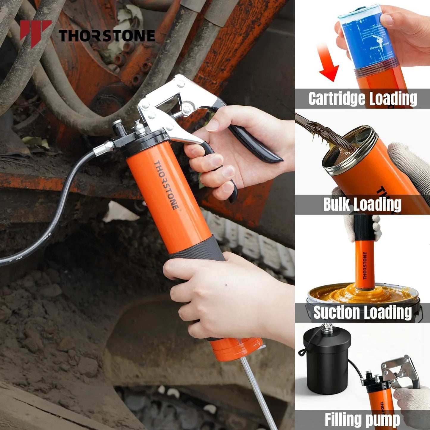 Beefy 7000 PSI Pistol Grip Grease Gun Kit With 14 Ounce Load Capacity 18 Inch Spring Flex Hose Lock Coupler Reinforced Coupler Sharp Nozzle