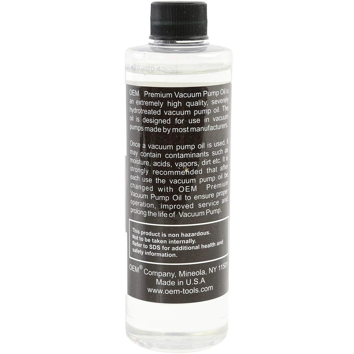 Back view of Pro Grade 8 Oz Vacuum Pump Oil Hydrotreated For Consistent Viscosity In Extreme Temps with label details visible