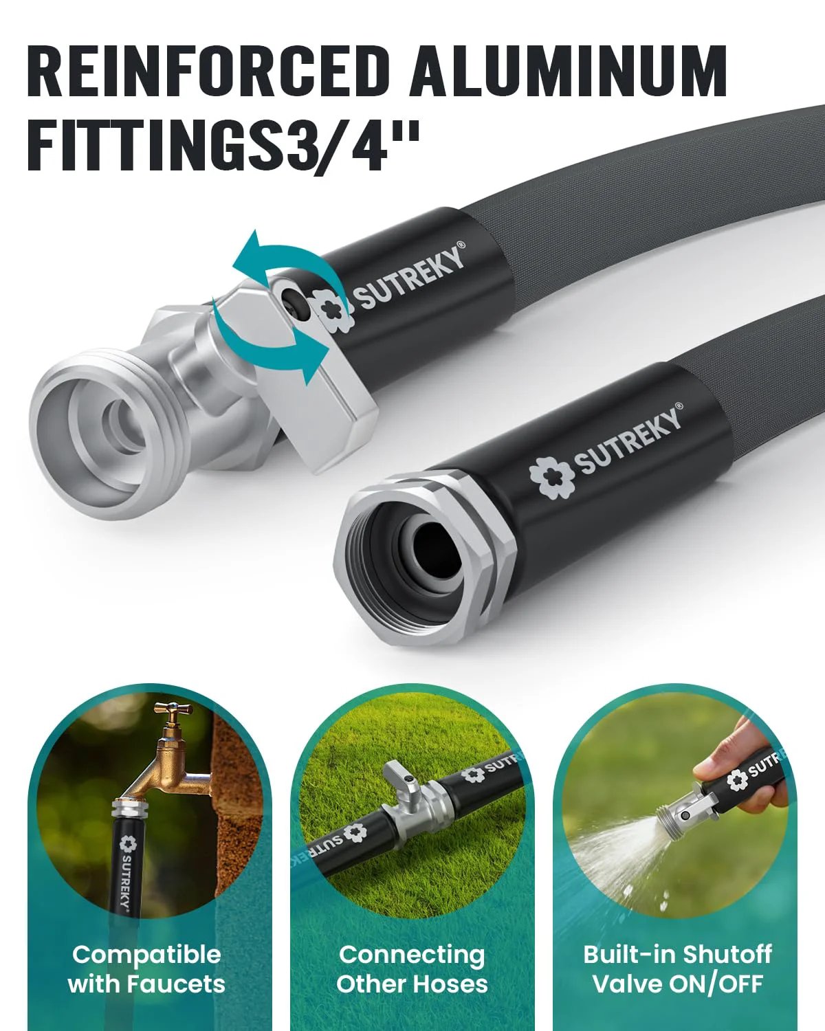 Ultra Light 50ft Garden Hose That Is Kink Free And High Pressure Abrasion Resistant All Weather Durable Eco Friendly With Drinking Water Safe TPU Core And Rust Proof Leak Proof Valve For Safe Family Use, showing 3/4 inch aluminum fittings