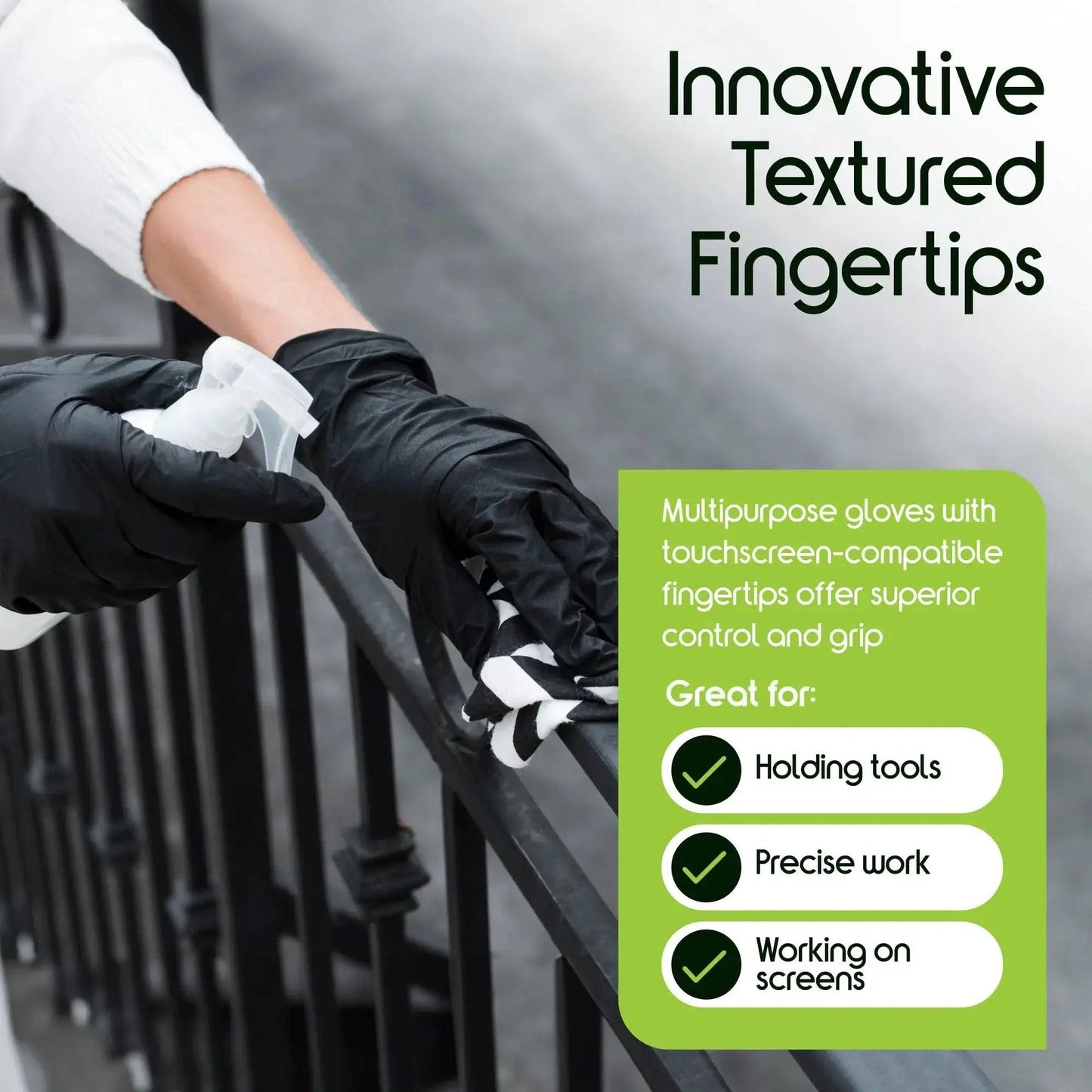 Person wearing Black Nitrile Gloves Disposable Latex Free 4.5 Mil Medium using spray bottle on rail
