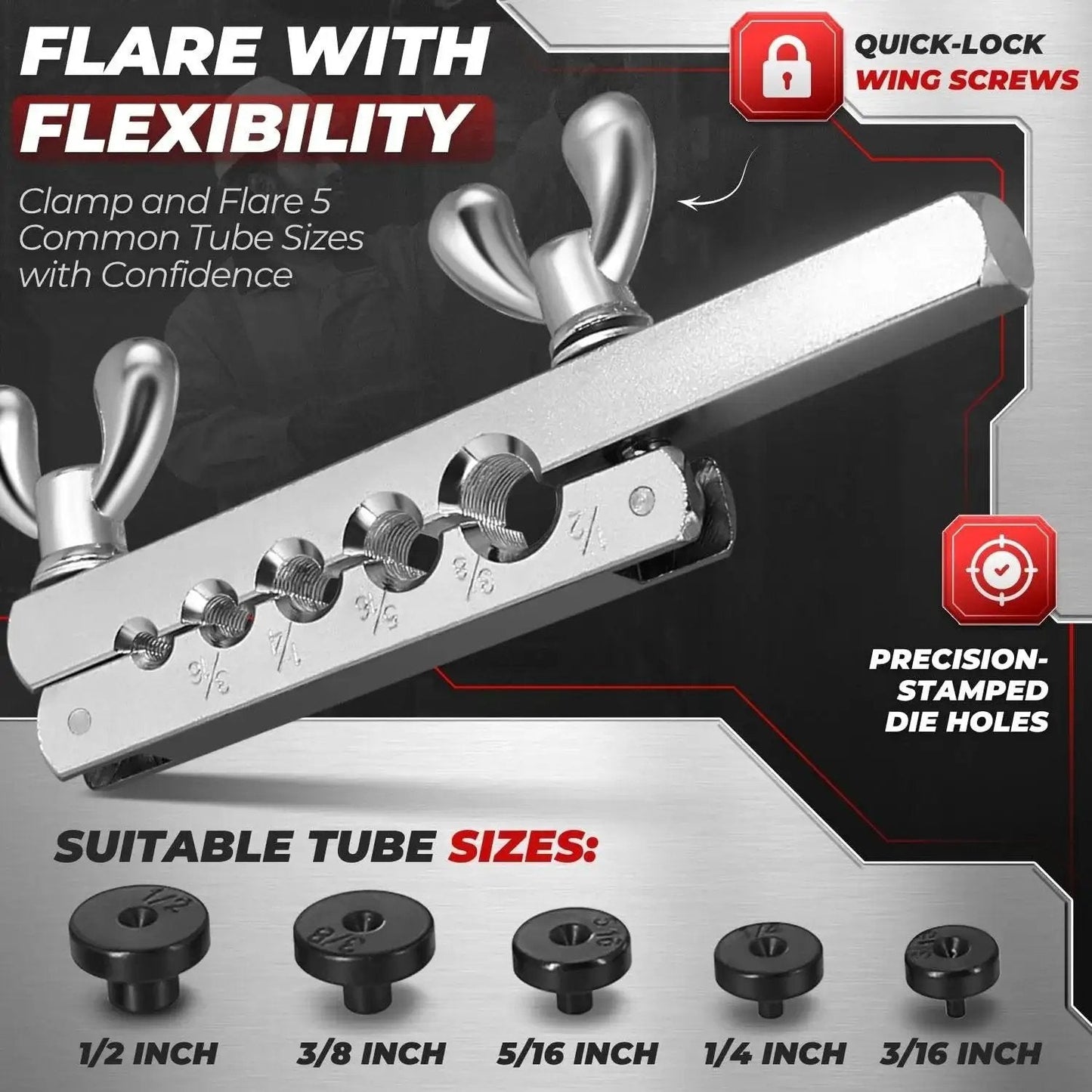 Brake Line Flare Tool Kit Cutter 45 Flare Single and Double 1/8 to 5/8 Tubing with quick-lock wing screws and die holes.
