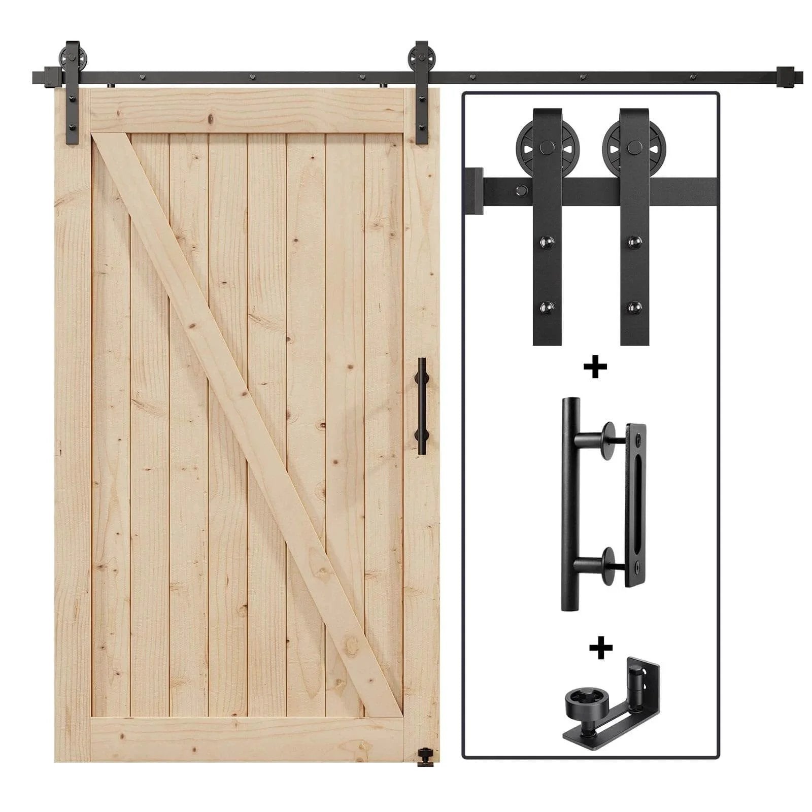 8 Foot Sliding Barn Door Hardware Track Kit With Black Wall Mount And Handle Big Industrial Spoke Wheel Pulley Smooth Quiet Glide Easy Install 96 Inch Track Fits 44 To 46 Inch Openings No Door Included, shown with components and unfinished wooden door.