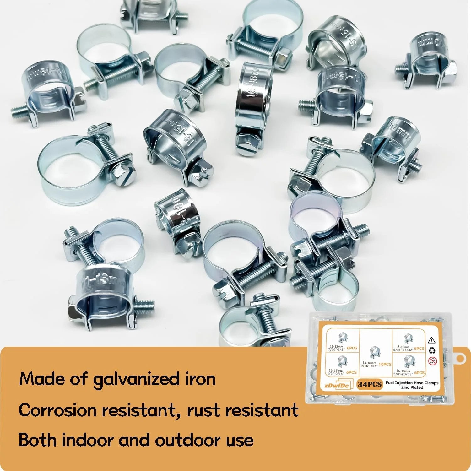 34 Piece Fuel Injection Hose Clamp Kit For Auto Diesel Petrol Engines DIY Friendly Range Eight To Eighteen Millimeter Zinc Plated Rust Resistant Hose Clamp Set