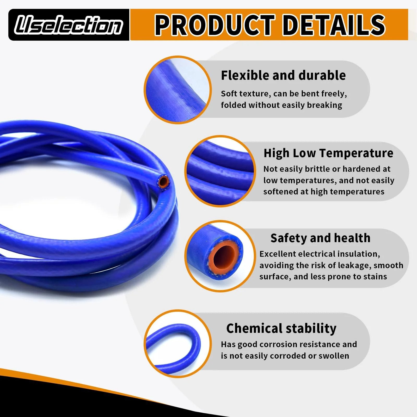 Close-up of Beefed Up Half Inch ID Five Foot Silicone Heater Hose Blue and Red Reinforced, highlighting durability and flexibility.