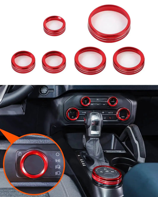 Ford Bronco Billet Aluminum Knob Trim Set Red Bezel For Headlight 4WD HVAC Radio with six red anodized aluminum rings installed