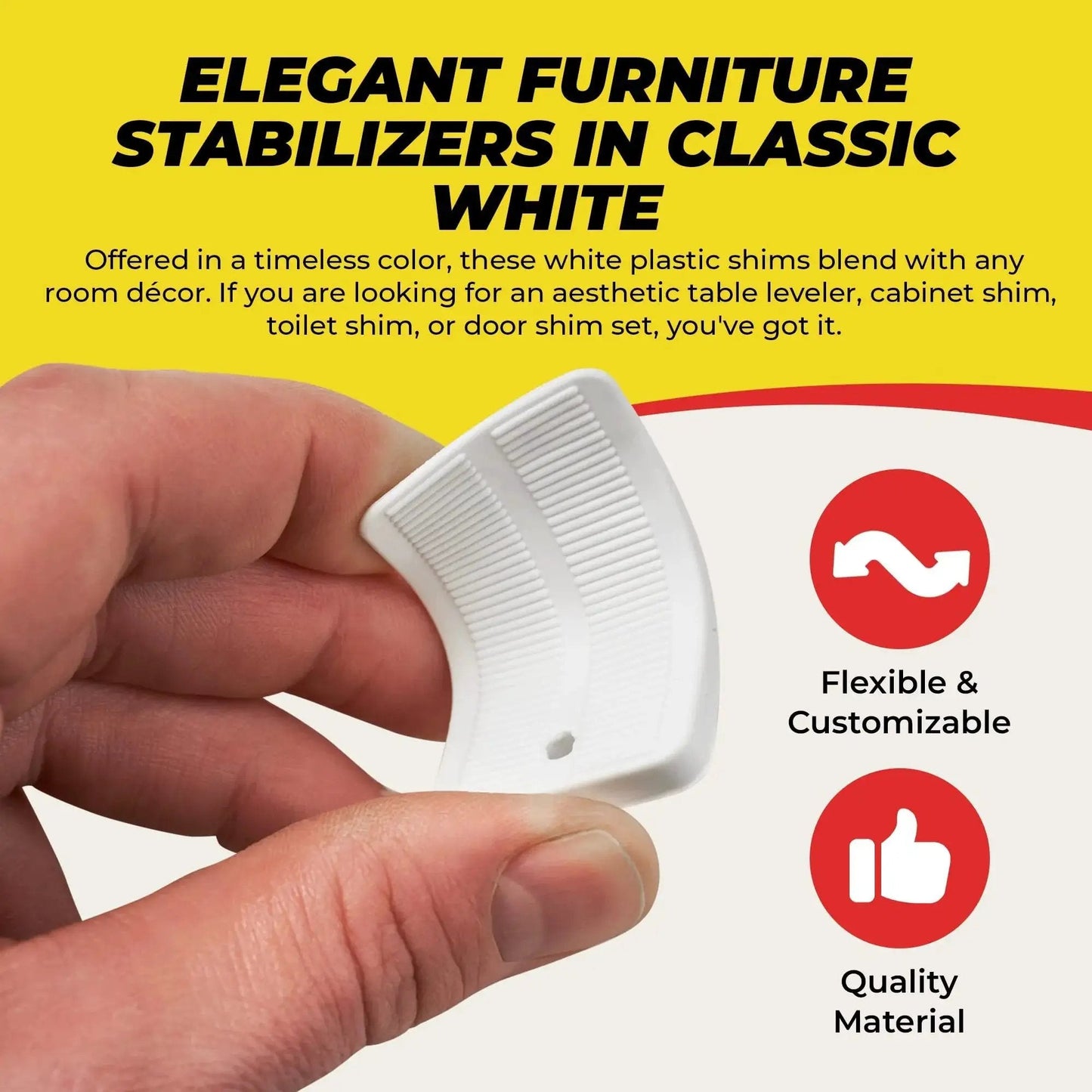 Must Have Leveling Shims For Furniture And Home Improvement Nonslip Multi Purpose Wedges For Tables Desks Cabinets And Toilet Shims Deliver Quick Easy Stability 20 Pack White Qualihome Pro Grade, close-up of white plastic shim in hand