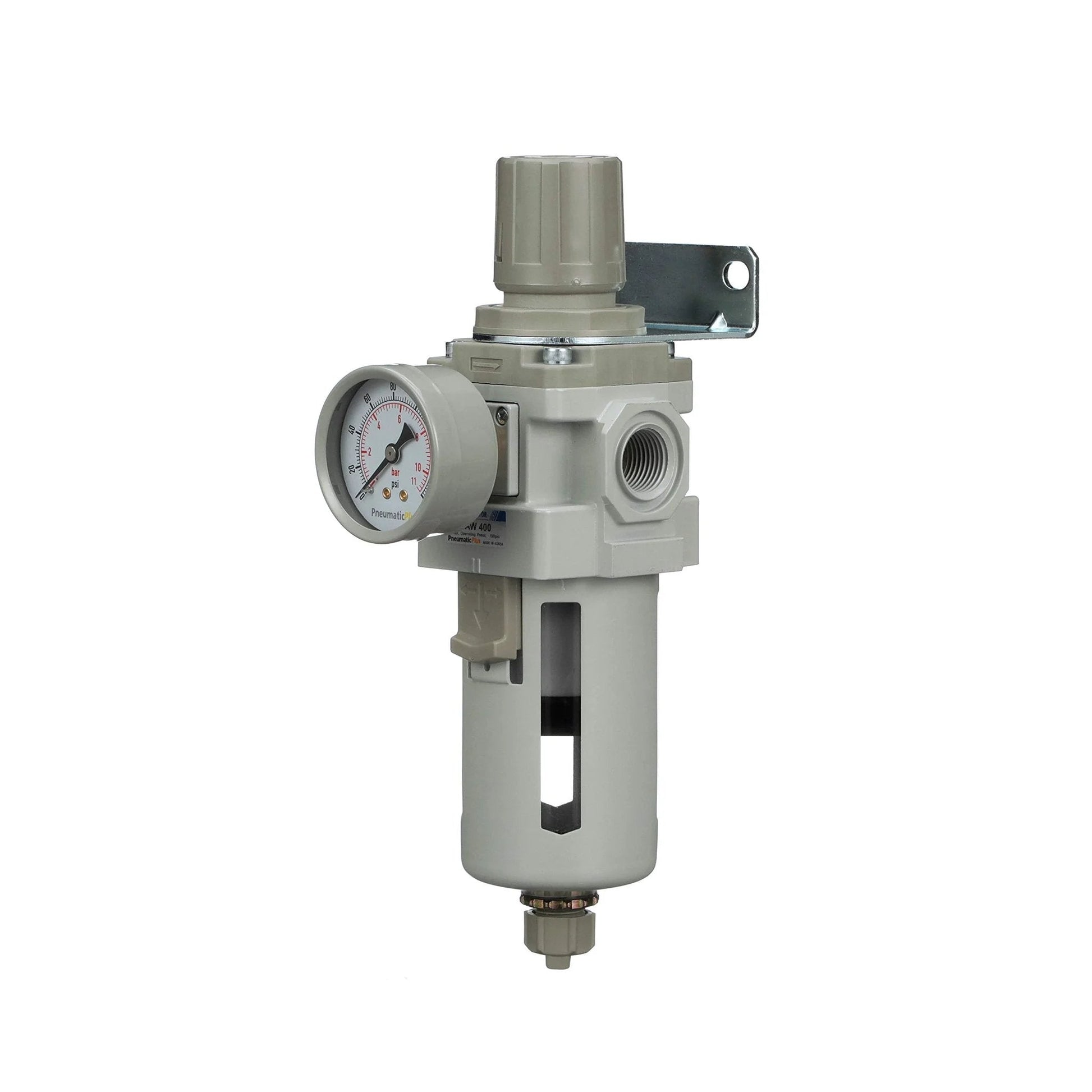 All In One One Half NPT Compressed Air Filter Regulator Piggyback Combo With Manual Drain Poly Bowl Bracket And Gauge By PneumaticPlus Ten Micron Element Preinstalled