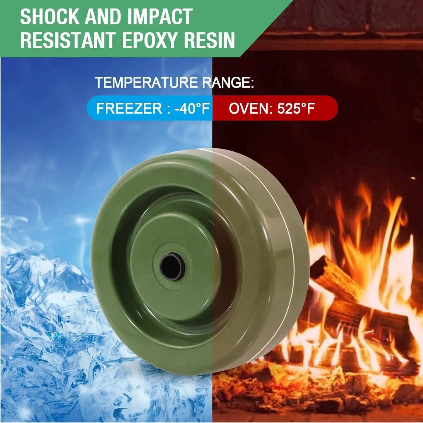 Heavy Duty 4 Inch Caster Wheels For Ovens And Dryers With High Temperature Epoxy Resin Wheels Pack Of 10 And 700 Lbs Capacity From Minus 40 To 525 Degrees Fahrenheit For Bakery Kitchens And Industrial Use HANDSAMMU, highlighting temperature range against freezer and oven backdrop.