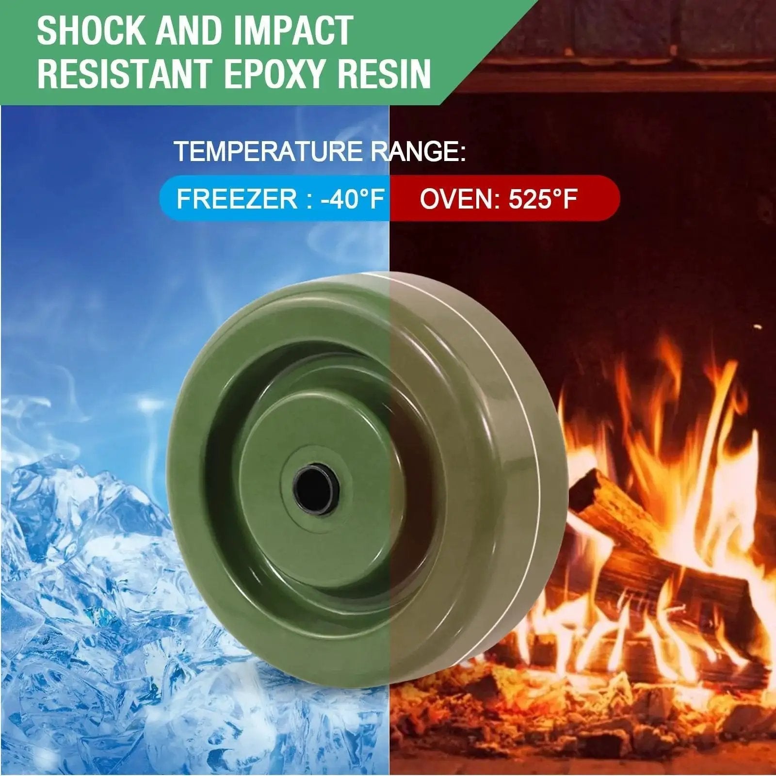 Heavy Duty 4 Inch Caster Wheels For Ovens And Dryers With High Temperature Epoxy Resin Wheels Pack Of 10 And 700 Lbs Capacity From Minus 40 To 525 Degrees Fahrenheit For Bakery Kitchens And Industrial Use HANDSAMMU, highlighting temperature range against freezer and oven backdrop.
