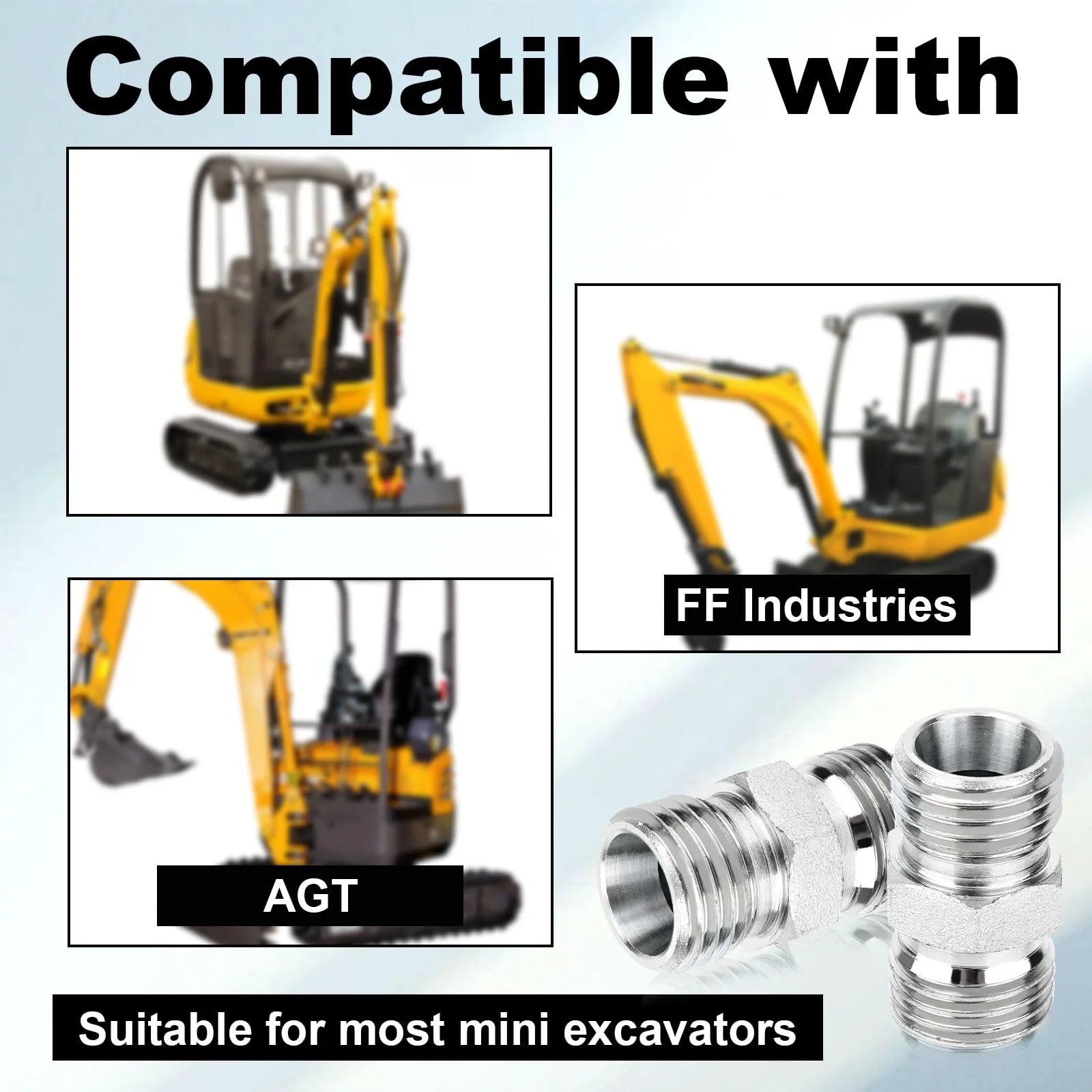 Set Of 2 M14x1.5 To M14x1.5 Carbon Steel Hydraulic Hose Thread Adapters For Mini Excavator And Heavy Equipment Built Tough With 8000 Psi Compatible With AGT FF Industries And More shown with mini excavators
