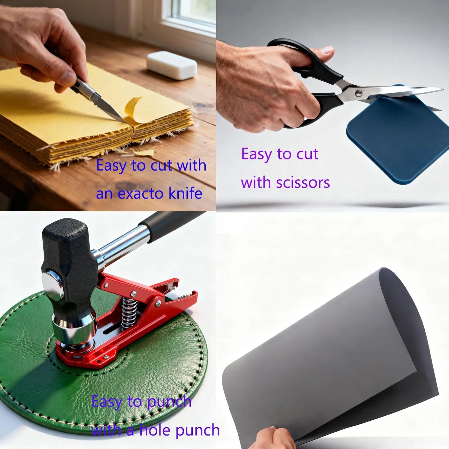 Collage showing Non Asbestos Gasket Material Sheet Set 15x11.8 Inches being cut with a knife, scissors, hole punch, and folded