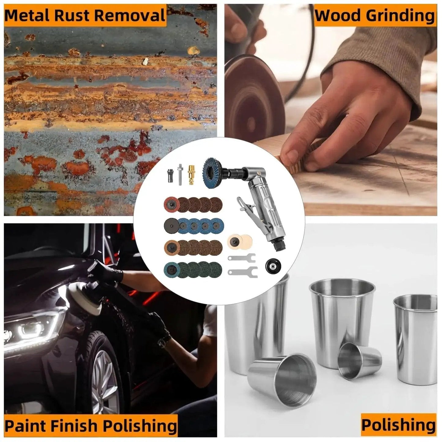 Collage showing Right Angle Air Die Grinder Kit with sanding discs, used for metal rust removal, wood grinding, paint polishing, and metal polishing.
