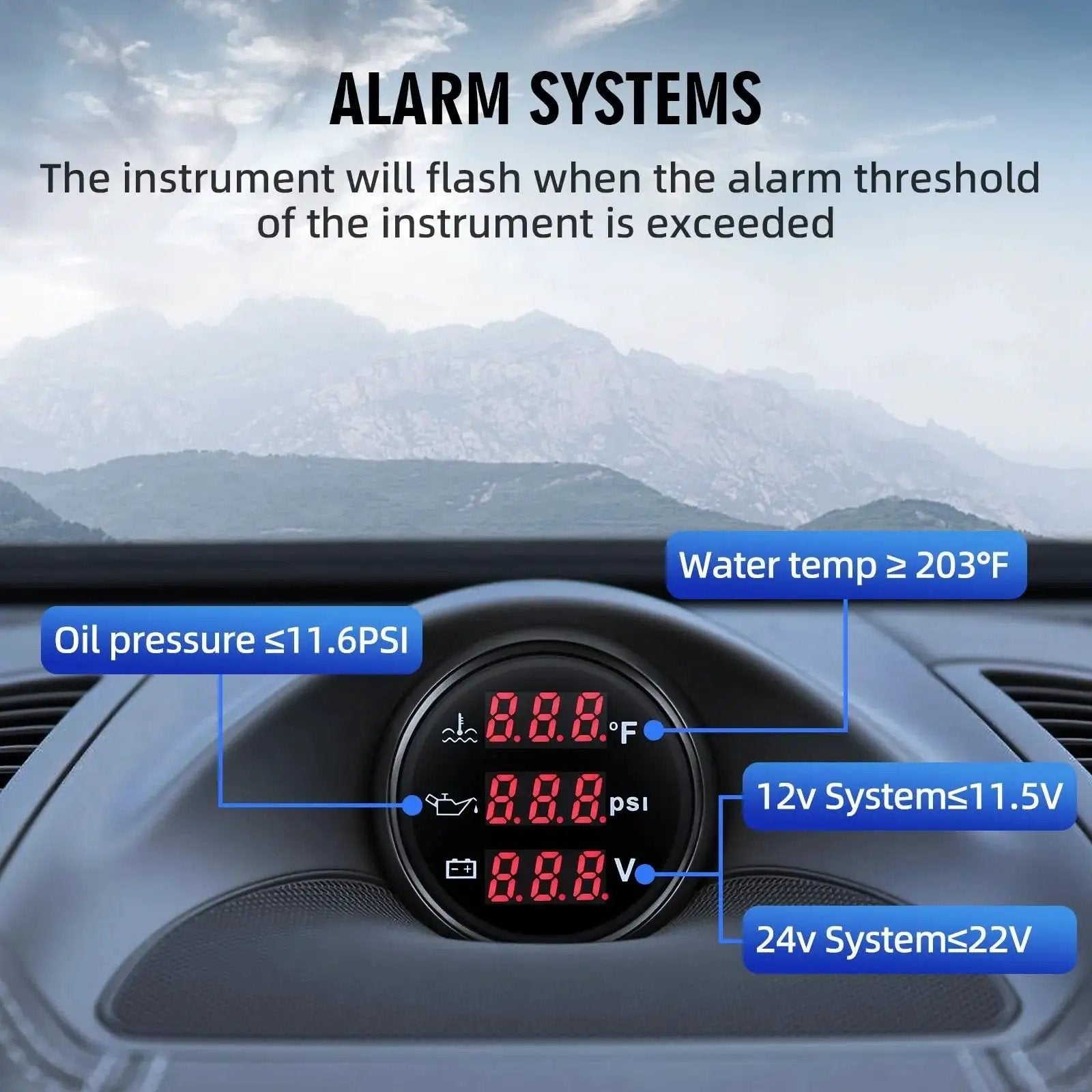 Dashboard view of All In One 52mm 2-1/16 Inch Triple Gauge Kit with oil pressure, water temp, volt display, and alarm system.