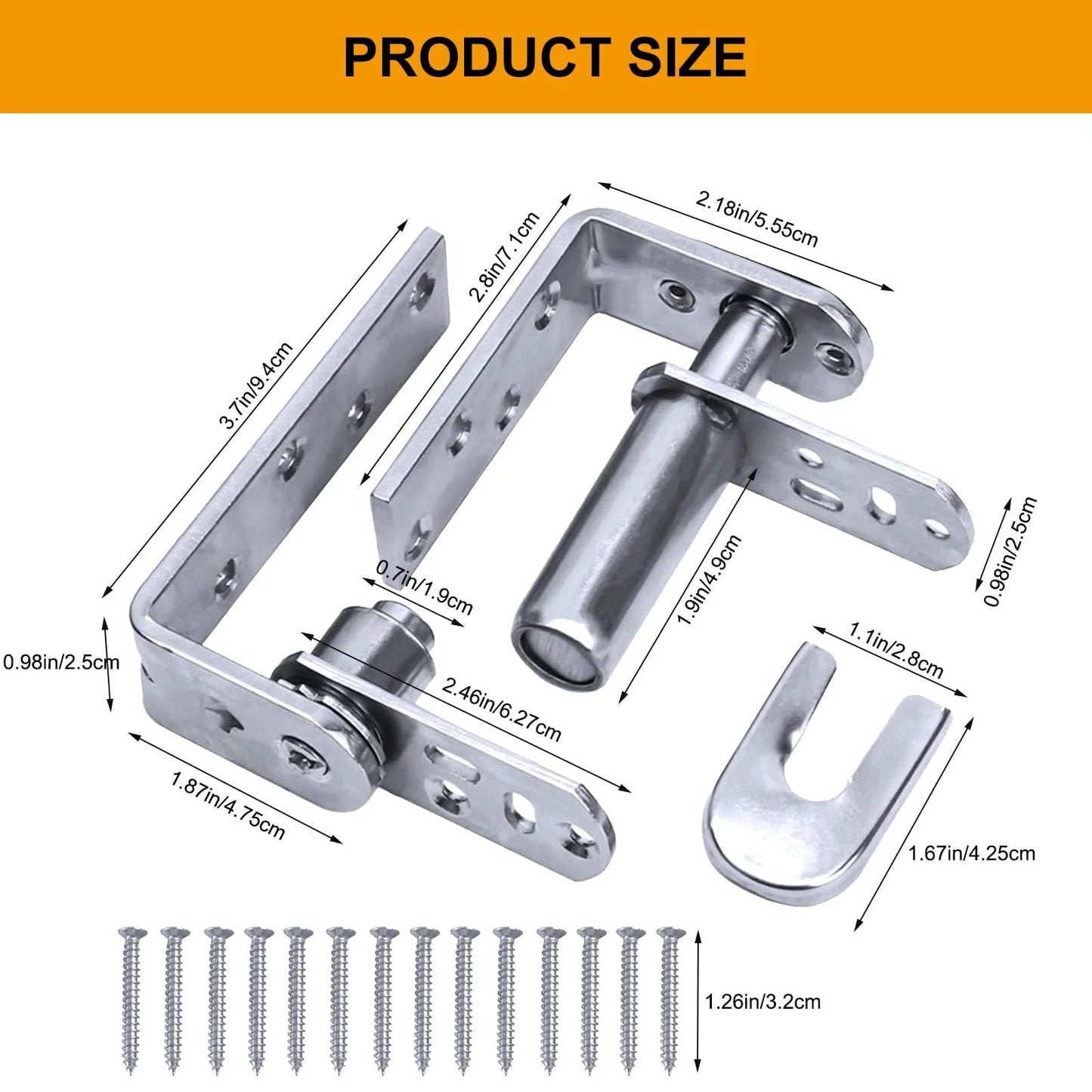Self Return Double Swing Saloon Door Hinges 304 Stainless Steel size diagram with screws