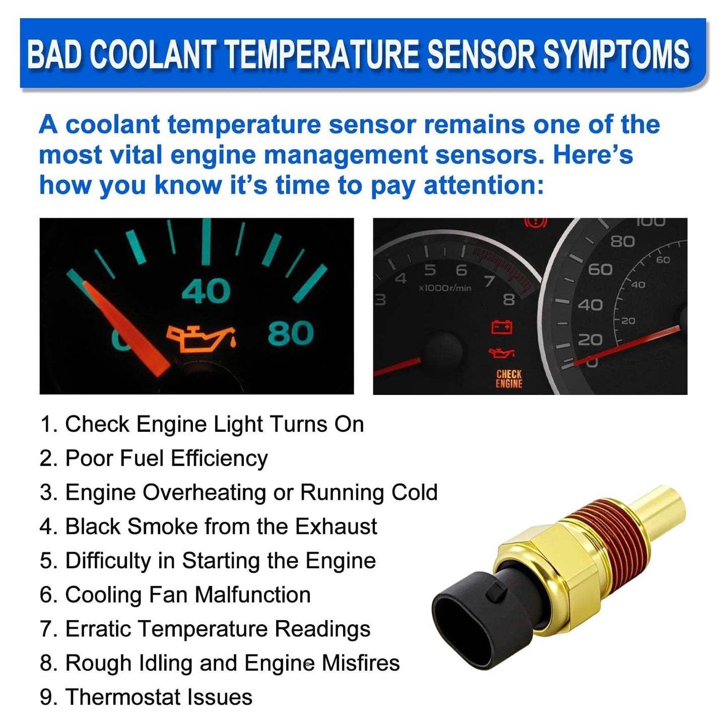 Diagram showing bad coolant temperature sensor symptoms alongside an Engine Coolant Temperature Sensor For Chevy Blazer Impala Tahoe Silverado GMC Savana Sierra 1500 2500 3500 Pontiac Buick Cadillac Replace 213 928 15326386 TS10075.