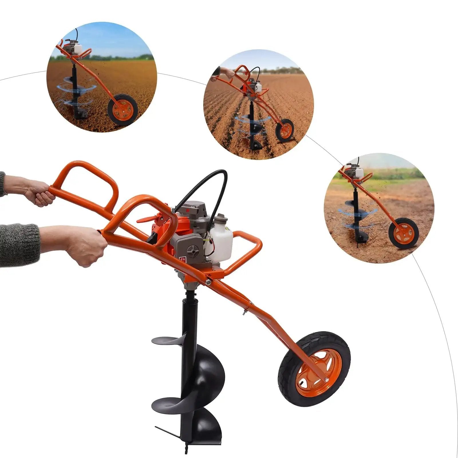 Powerful 63cc 2 Stroke Hole Digger Earth Auger Drill for Quick Potholing and Planting, Gas Powered Boring Machine with 3.15 Inch Drill Bits Included, Hand Push Cart With Single Wheel Kebayuneth shown from various angles in use.
