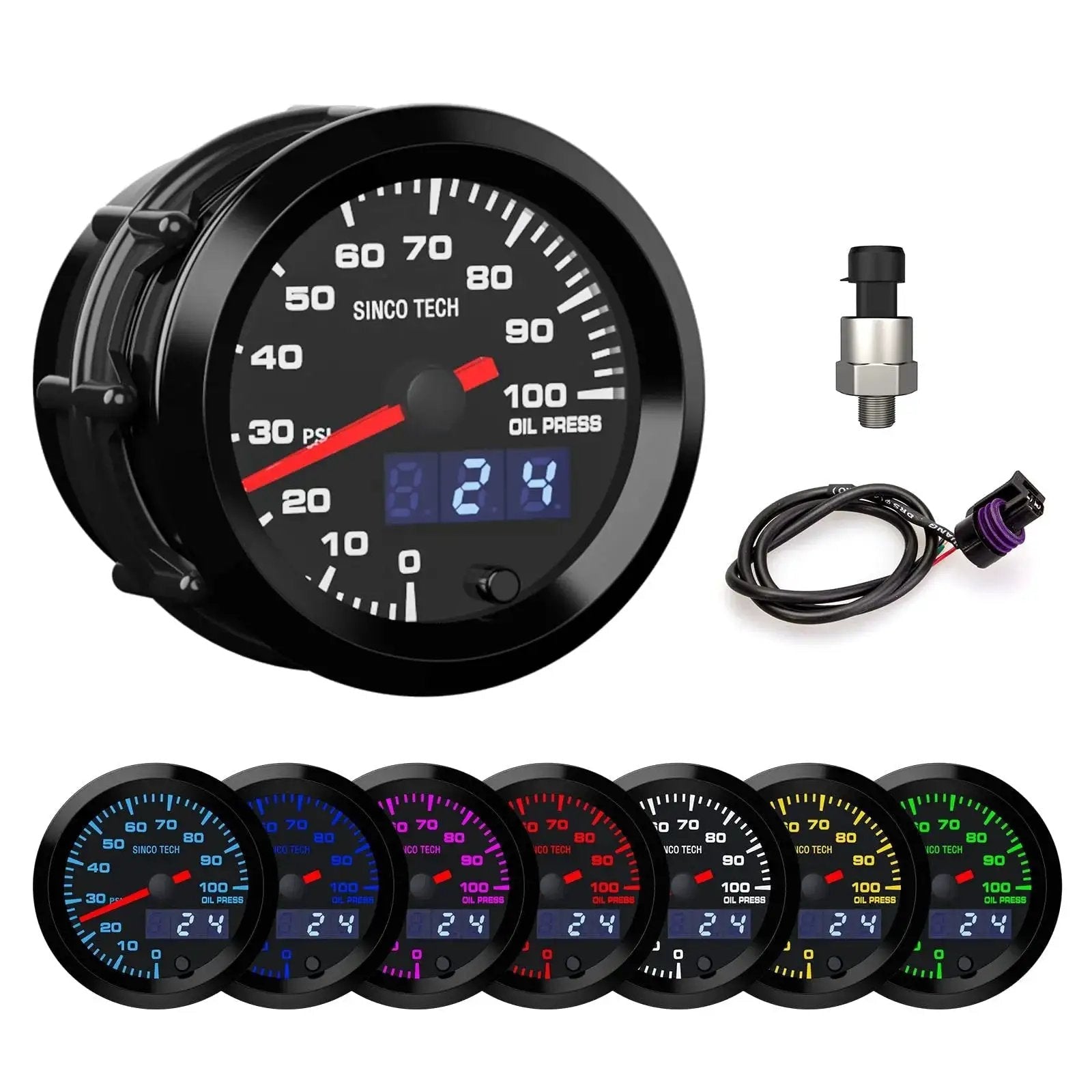 52mm Car Gauge Kit With Digital Display Pointer And 7 Color Backlight For Oil Pressure PSI, 12V Universal Gauge Kit With High Speed Stepper Motor