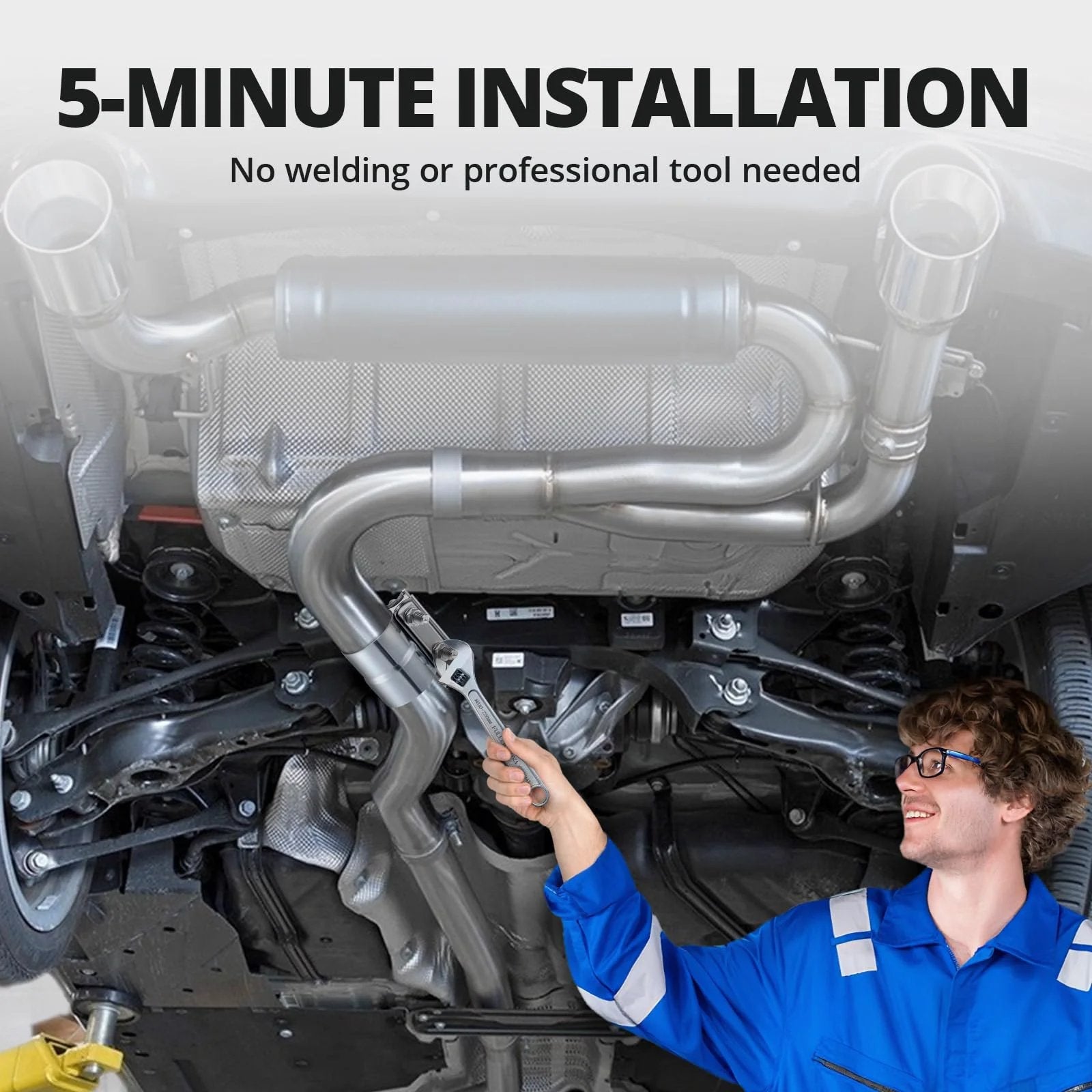 Mechanic installing Two Point Five Inch Exhaust Clamp For Pipes Mufflers And Catalytic Converters Stainless Steel 304 Heavy Duty Butt Joint Band Clamp Sleeve Coupler One Piece Easy Install No Welding By Evil Energy under vehicle