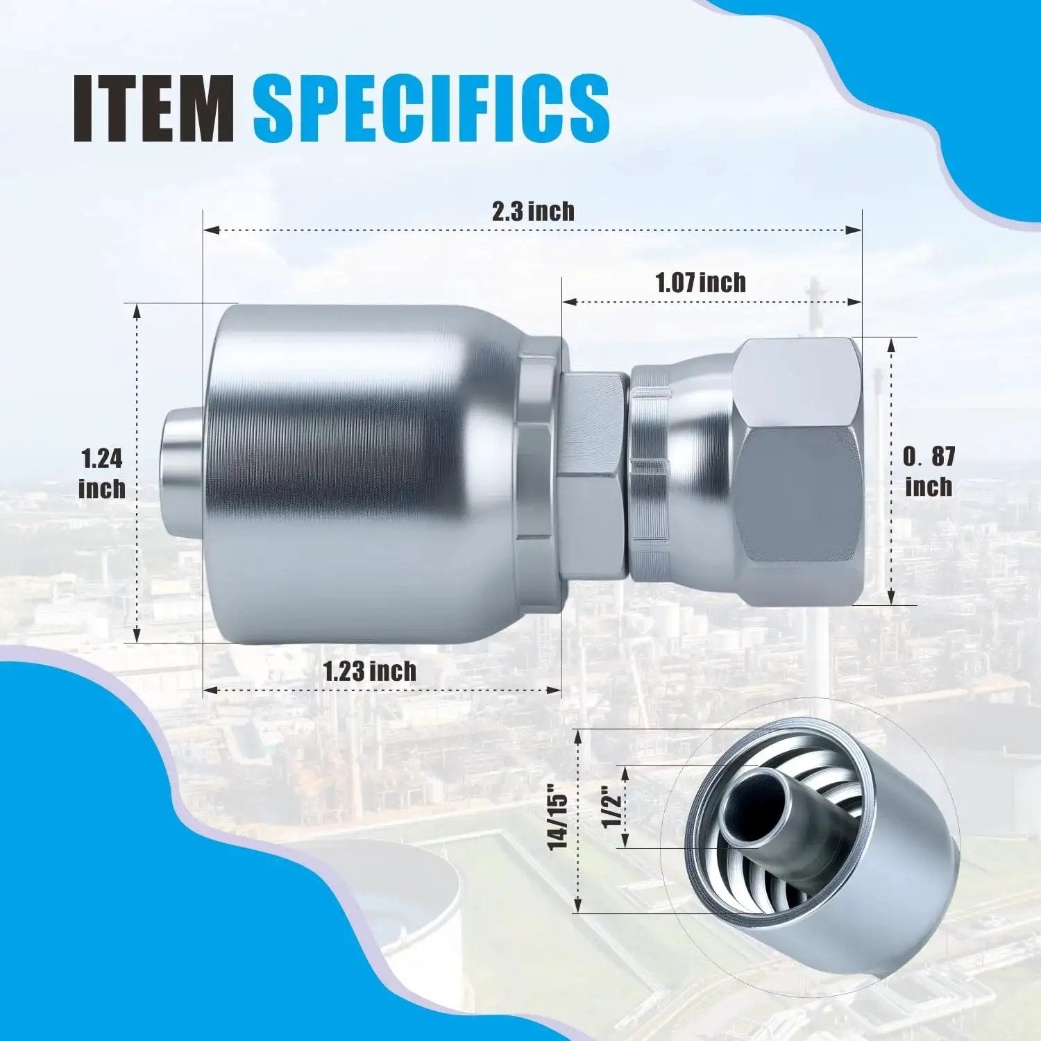 Diagram of 12-Pack 1/2 Inch Hydraulic Hose Fittings with 1/2 Inch JIC 37 Degree Female Swivel Crimp Ends, showing product dimensions.