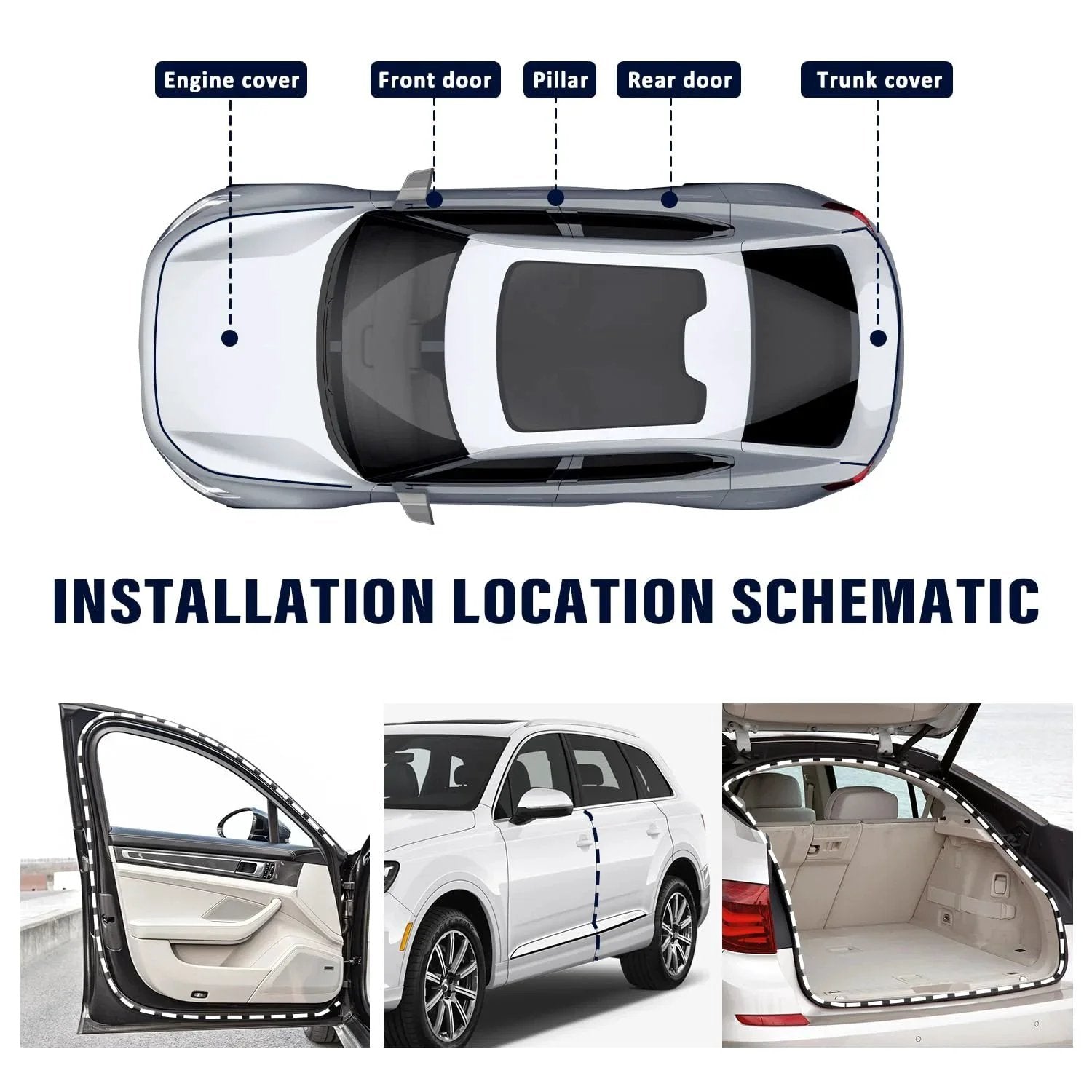 Car Door Weather Stripping 20Ft U Shaped Rubber Edge Trim With Steel Strip Sealer for installation locations on vehicle.