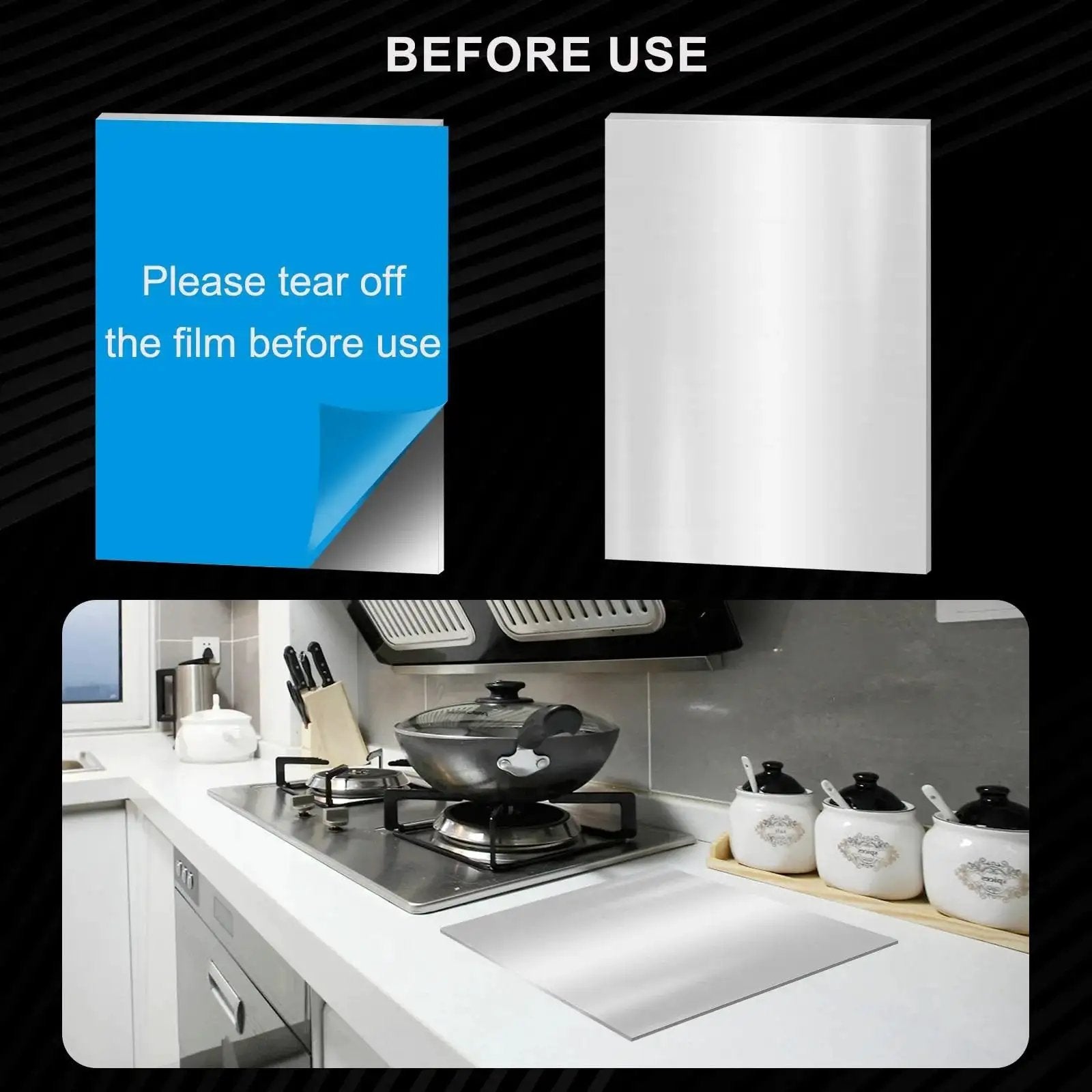 Top Notch 304 Stainless Steel Sheets 12 X 8 X 0.024 Inch 0.6mm Thick Shim Plates shown with protective film removed in a kitchen setting