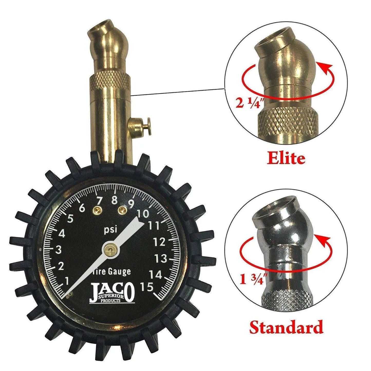 Pro Grade Low Pressure Tire Gauge 0 To 15 PSI For ATVs And UTVs, No Batteries Needed, featuring Elite and Standard fittings