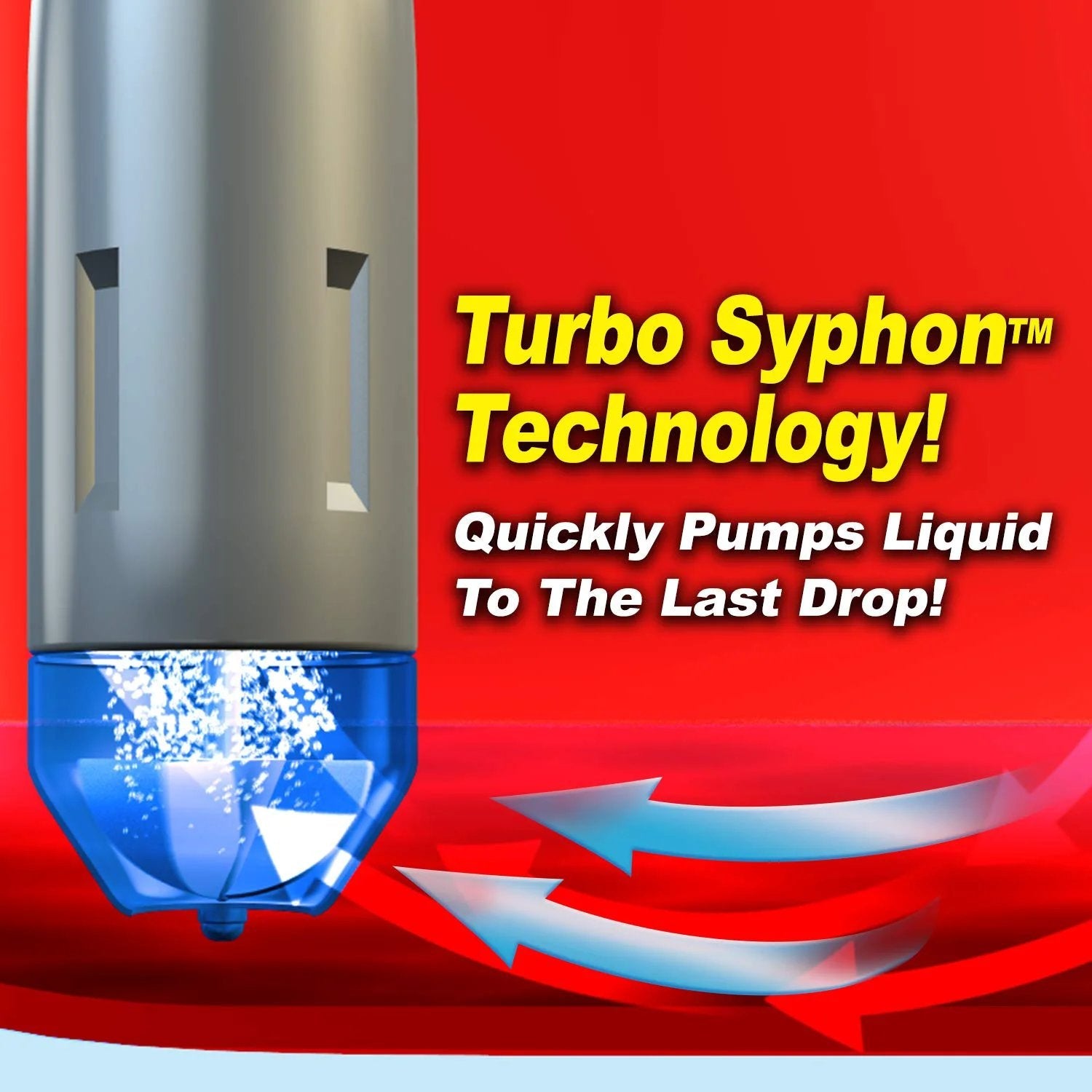 Close-up of Turbo Pump Automatic Liquid Transfer Pump Cordless With Three Foot Hose Auto Stop Sensor Turbo Siphon Technology.