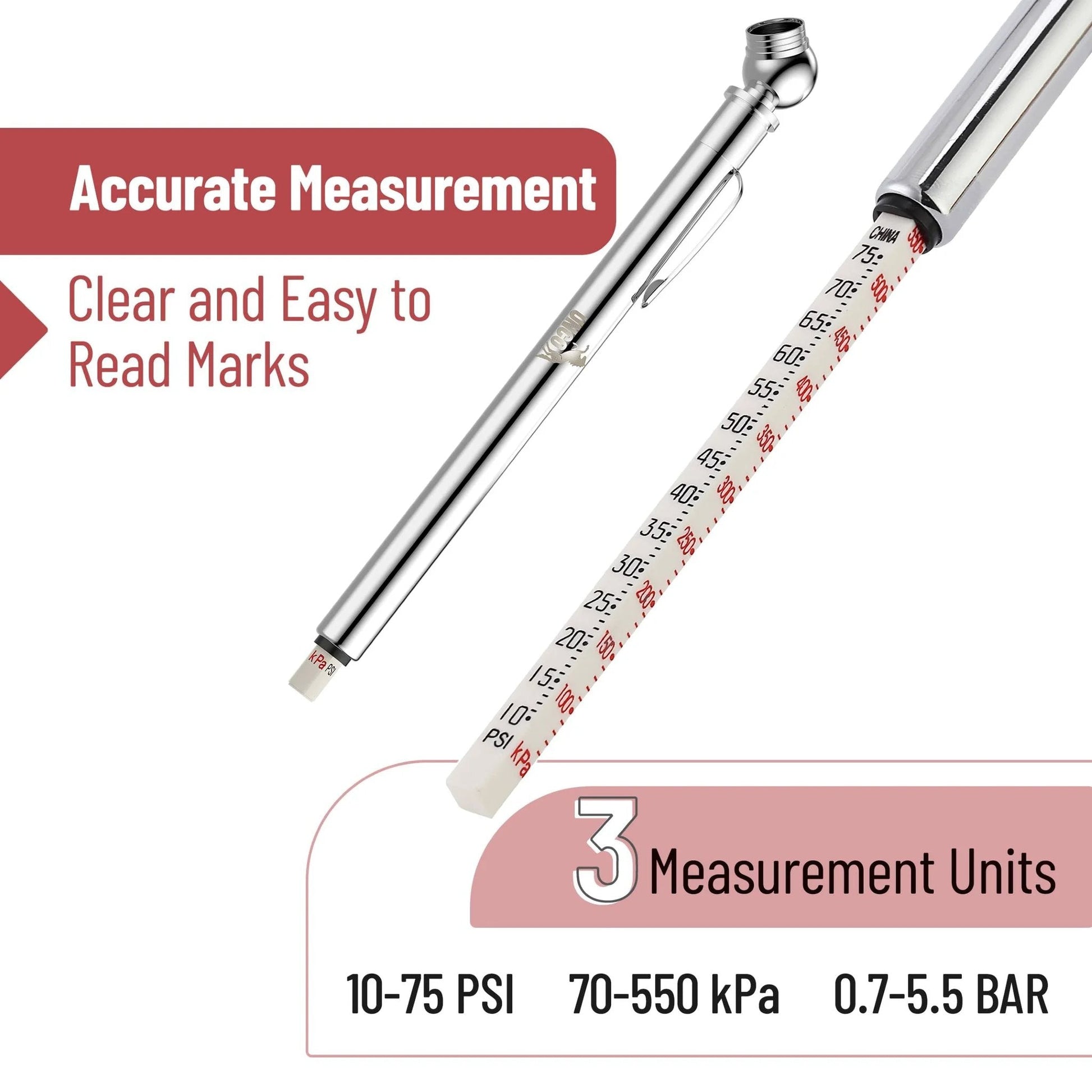 Two Pack Pencil Tire Gauge For Cars 10 To 75 PSI 70 To 550 kPa 0.7 To 5.5 BAR Stainless Steel Construction with Measurement Units