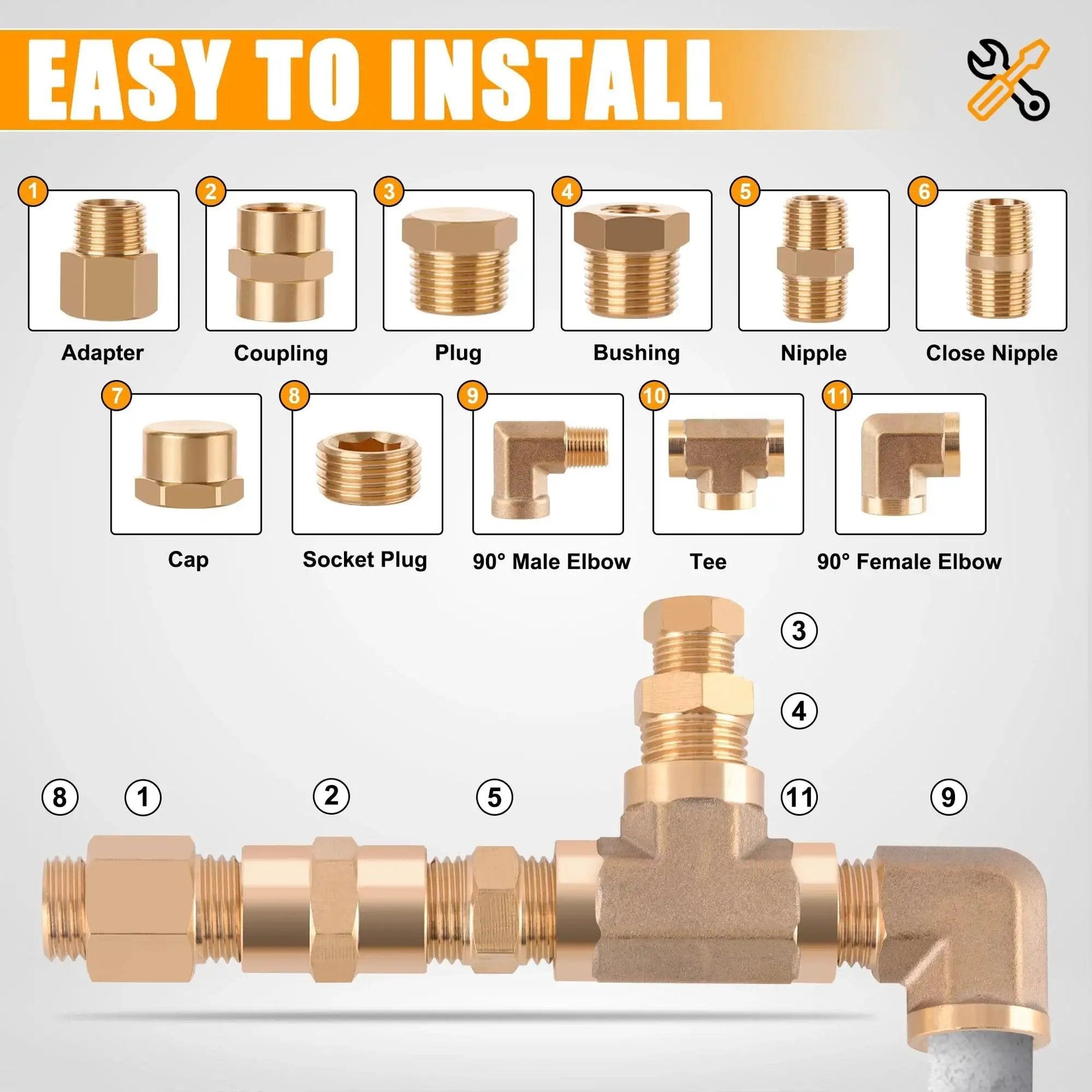 Brass Pipe Fittings Kit 156 Pcs NPT Adapters Reducing Bushings Hex Nipples Street Elbows Tees Plugs Caps For DIY Home Plumbing Projects