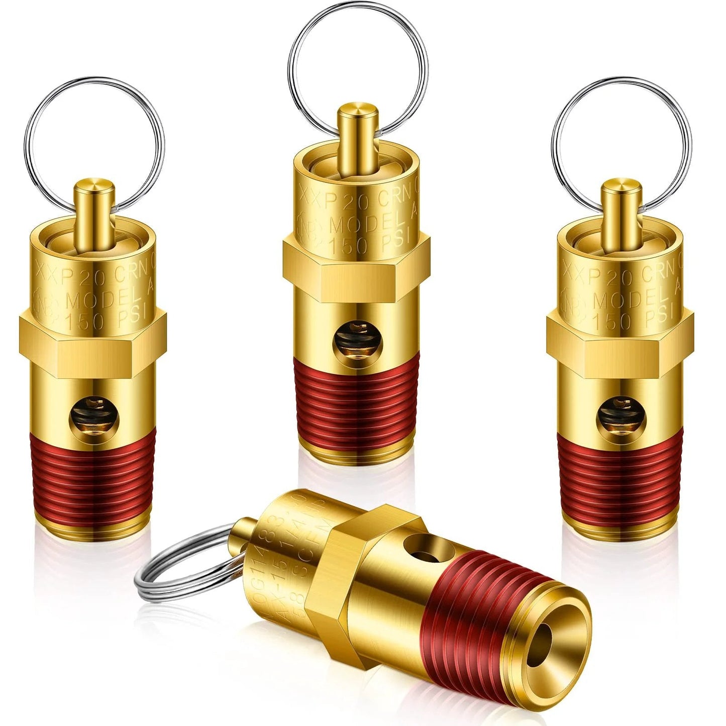 Four Pack One Quarter Inch NPT Pressure Relief Valves For Air Compressors Brass Safety Check Valves With Seals, 150 PSI