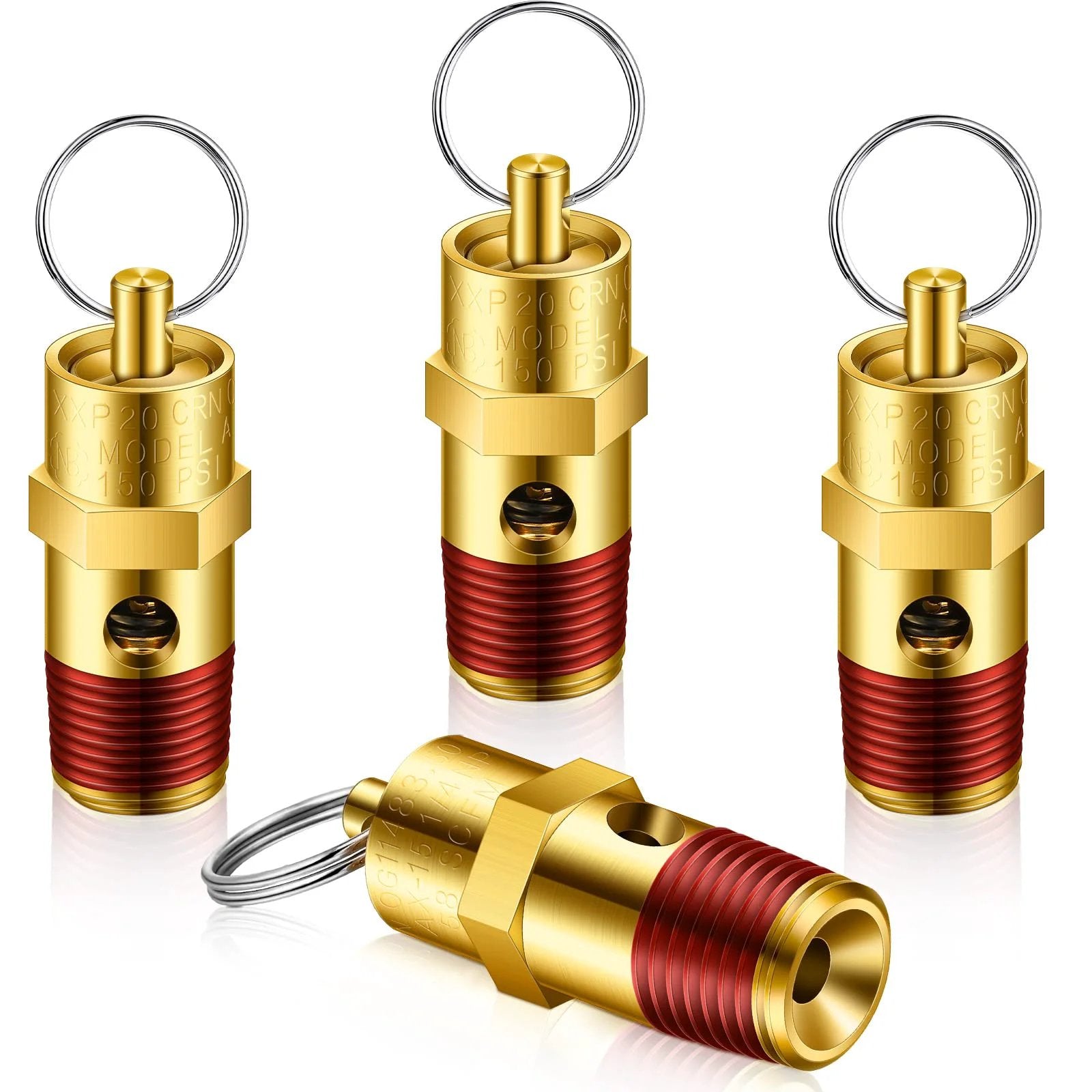 Four Pack One Quarter Inch NPT Pressure Relief Valves For Air Compressors Brass Safety Check Valves With Seals, 150 PSI