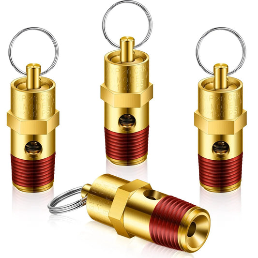 Four Pack One Quarter Inch NPT Pressure Relief Valves For Air Compressors Brass Safety Check Valves With Seals, 150 PSI