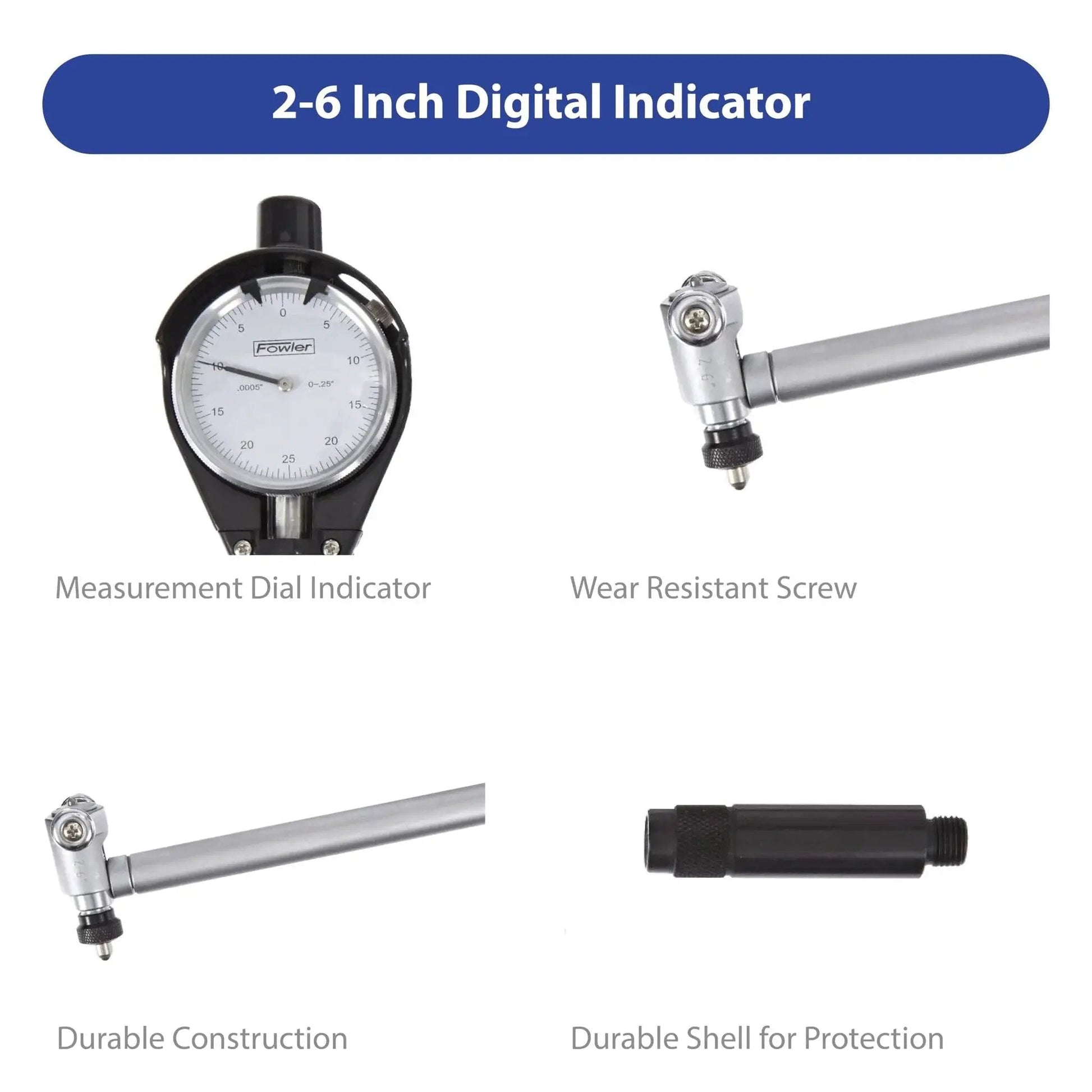 Extender Dial Bore Gage Kit With 1.4 To 6 Inch Measuring Range For Precise Hole Diameter Readings And Geometry Checks, Dial Indicator With 0.0005 Inch Graduations And 9.5 Inch Measuring Depth, Fowler, featuring parts like dial indicator and wear-resistant screws.