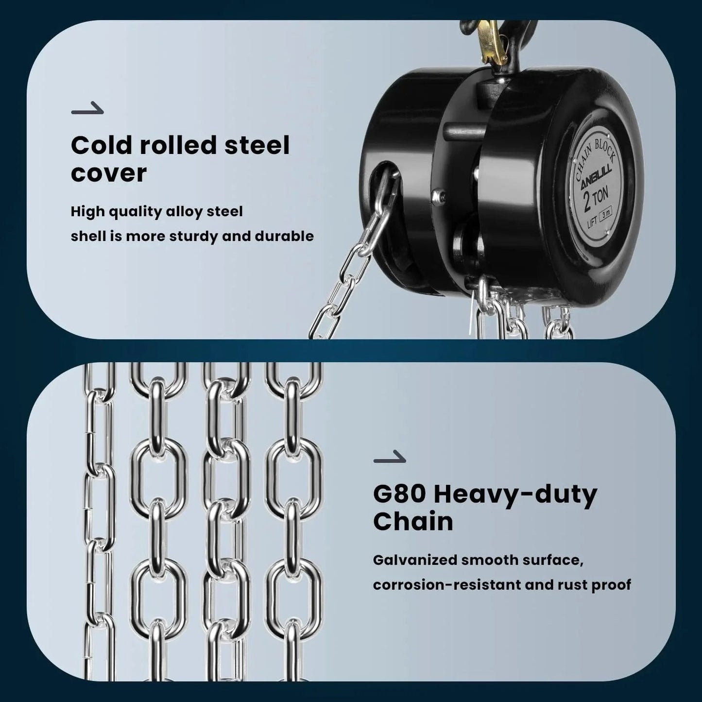 2 Ton Hand Chain Hoist With 4400 Lbs Capacity 10 Foot Lift Manual Chain Block With Upgraded G80 Galvanized Chain Alloy Steel