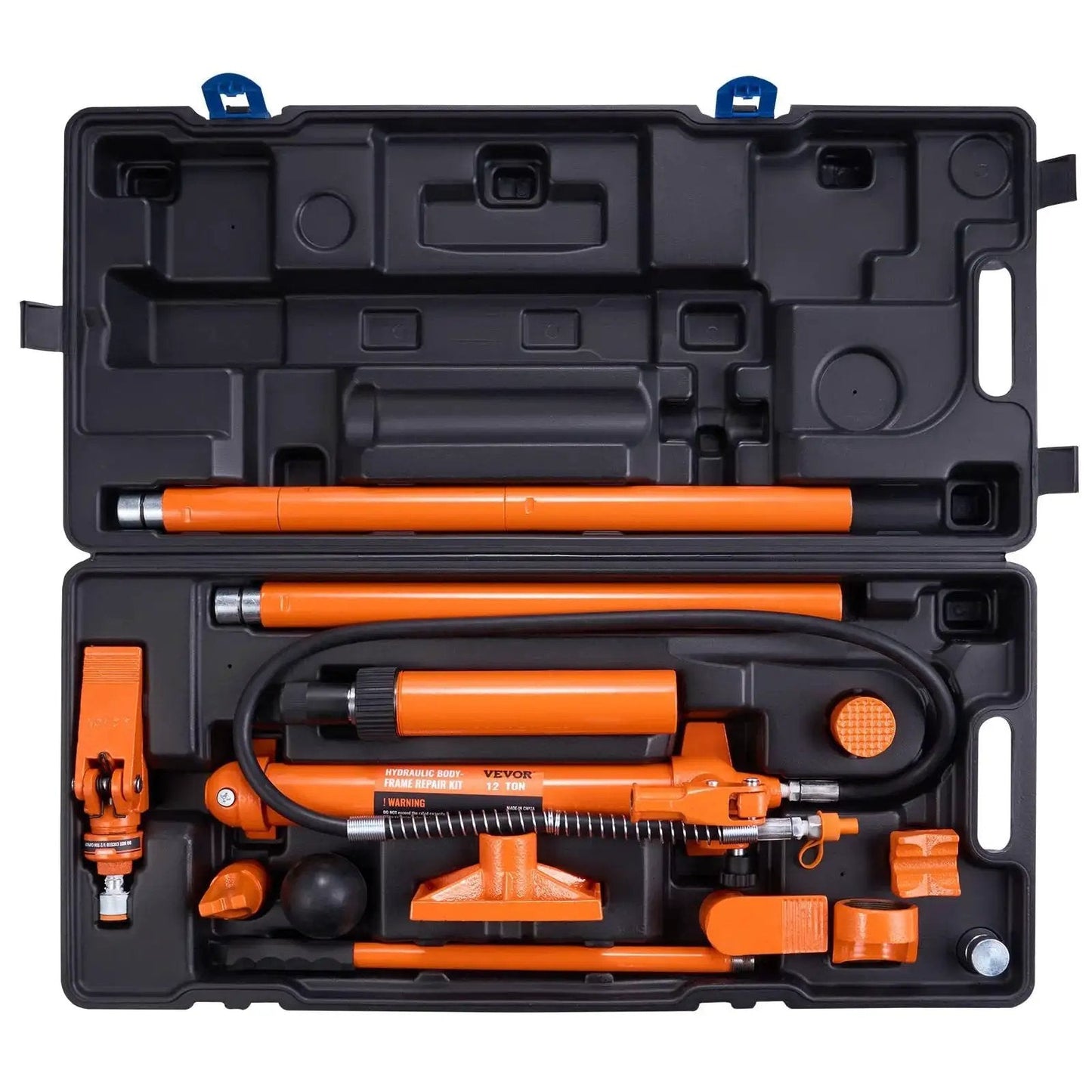 12 Ton Porta Power Kit With Hydraulic Ram And Pump 4.6 Ft Oil Hose Portable in blow-molded case, tools neatly organized
