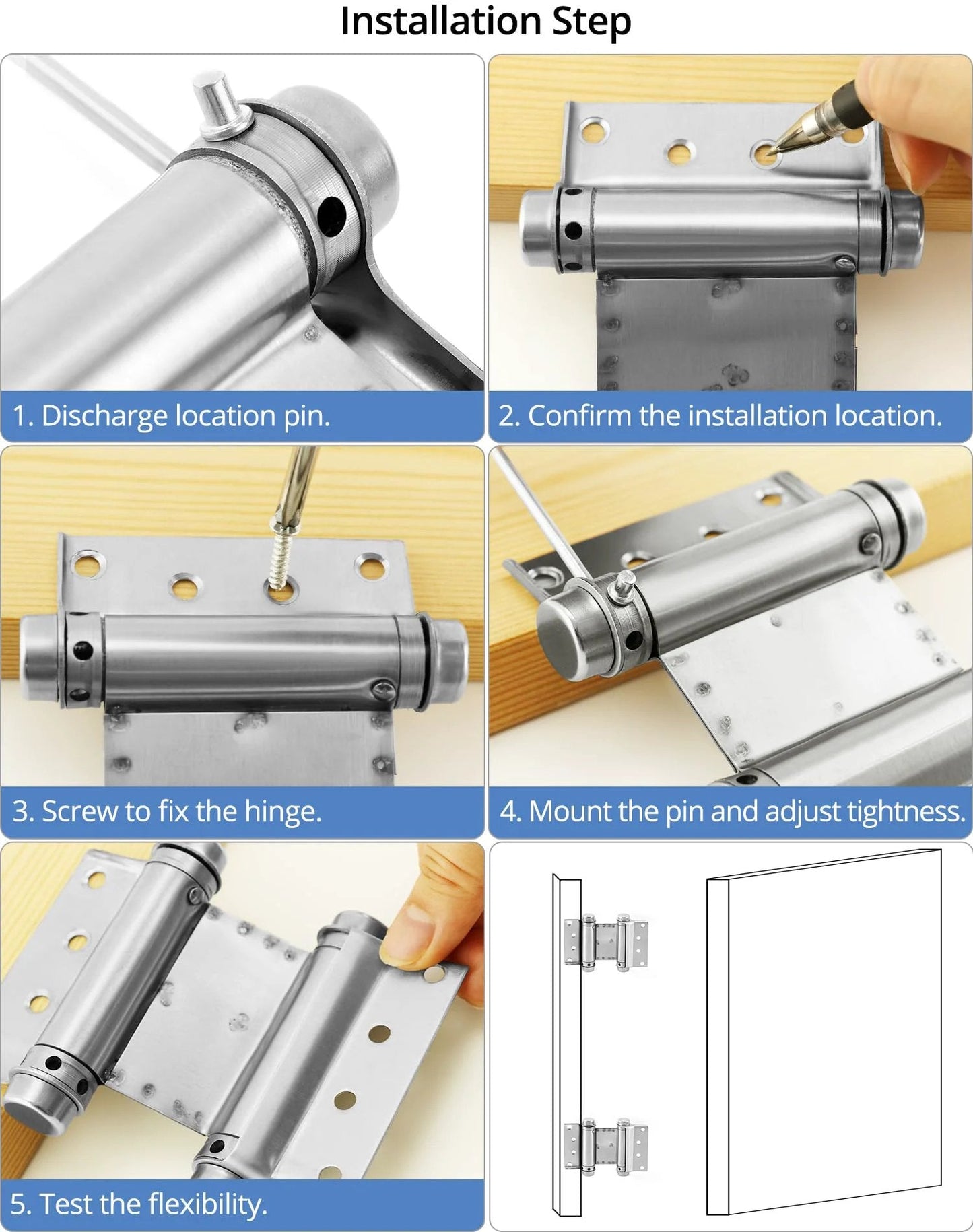 Installation steps for Rugged Heavy Duty Double Acting Door Hinges For Cafe Saloon Doors Self Closing 3 Inch Stainless Steel.