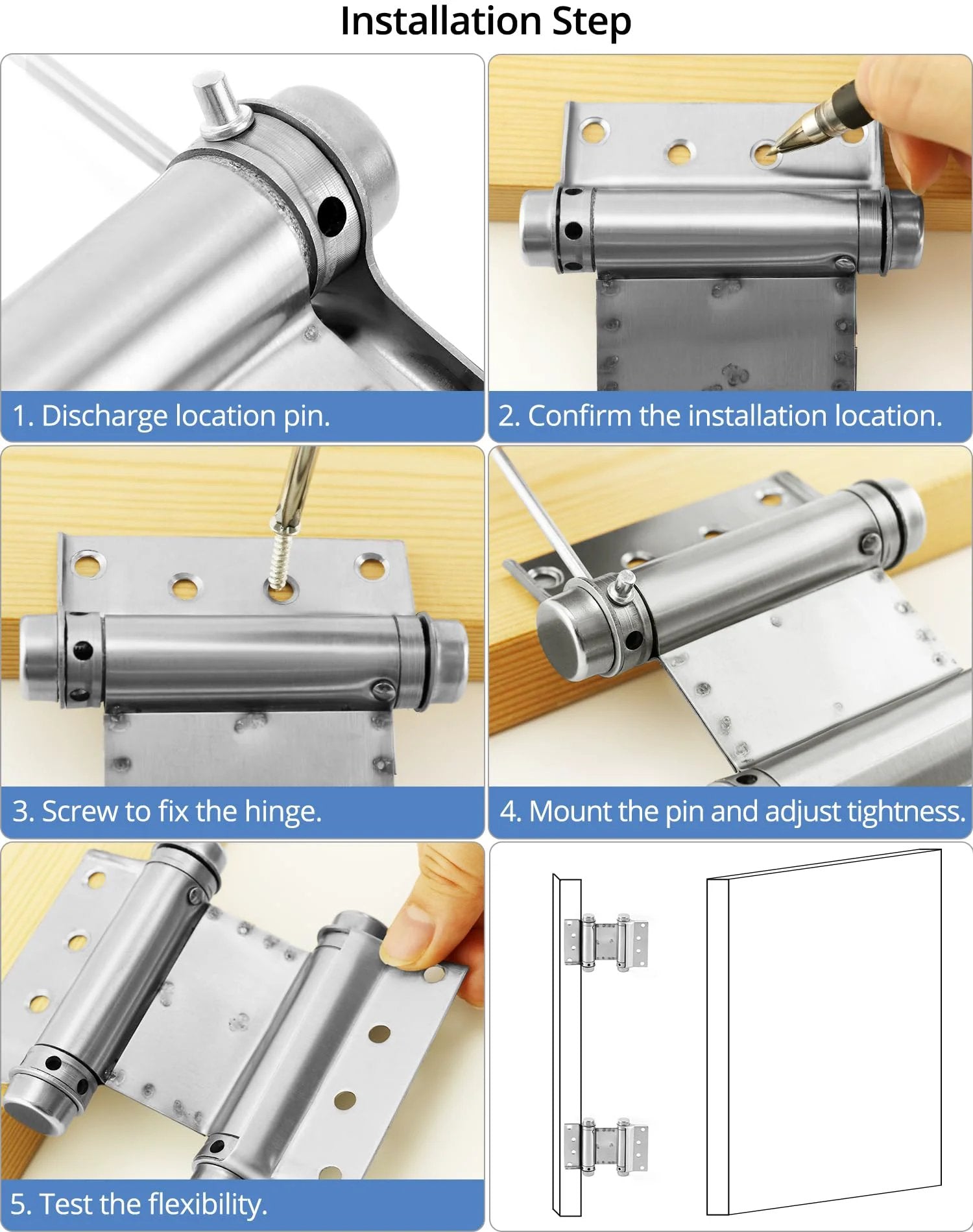 Installation steps for Rugged Heavy Duty Double Acting Door Hinges For Cafe Saloon Doors Self Closing 3 Inch Stainless Steel.