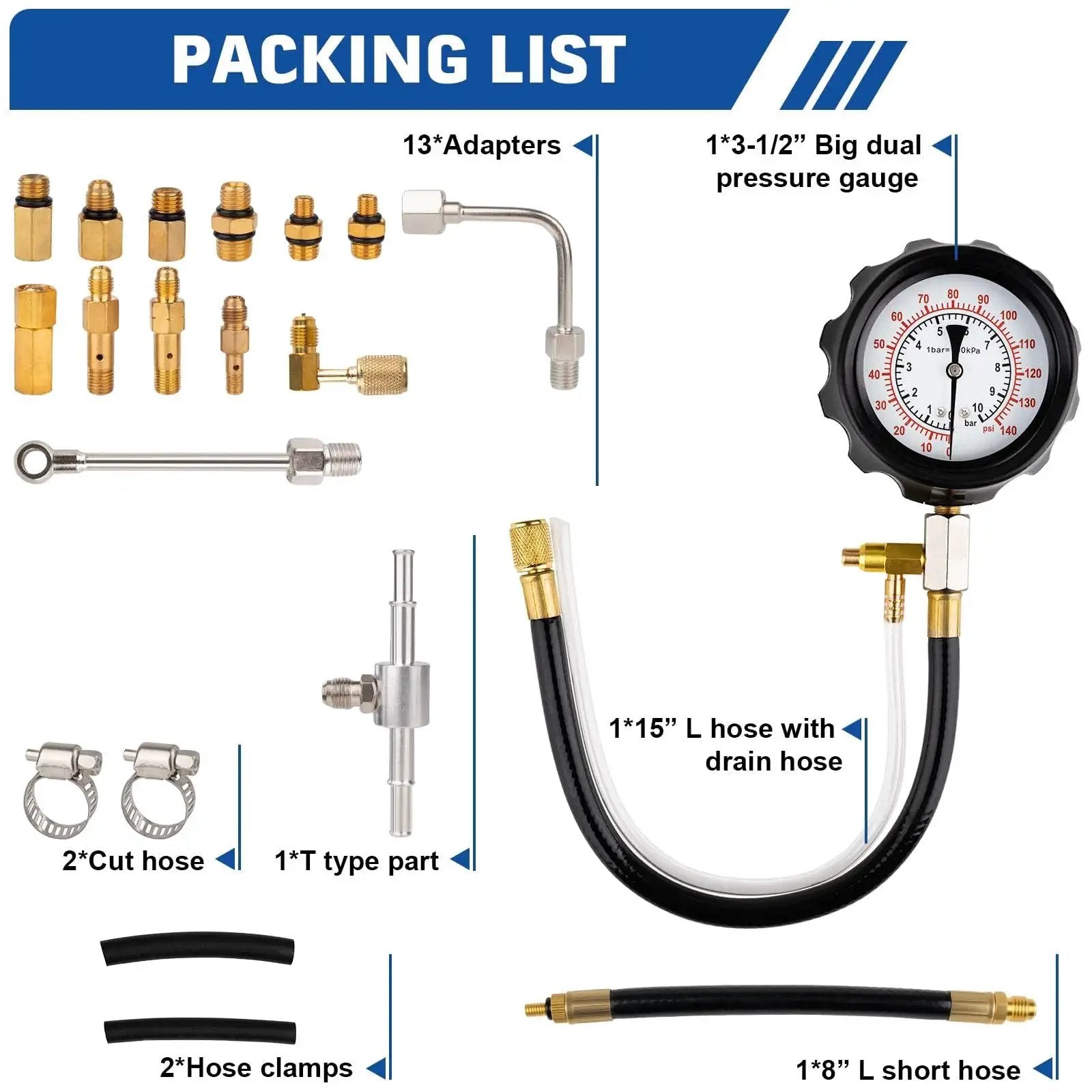 Diesel Fuel Pressure Tester Kit 0-140 PSI With Adapters For Pumps And Injectors, shown with hoses, gauge, and adapters