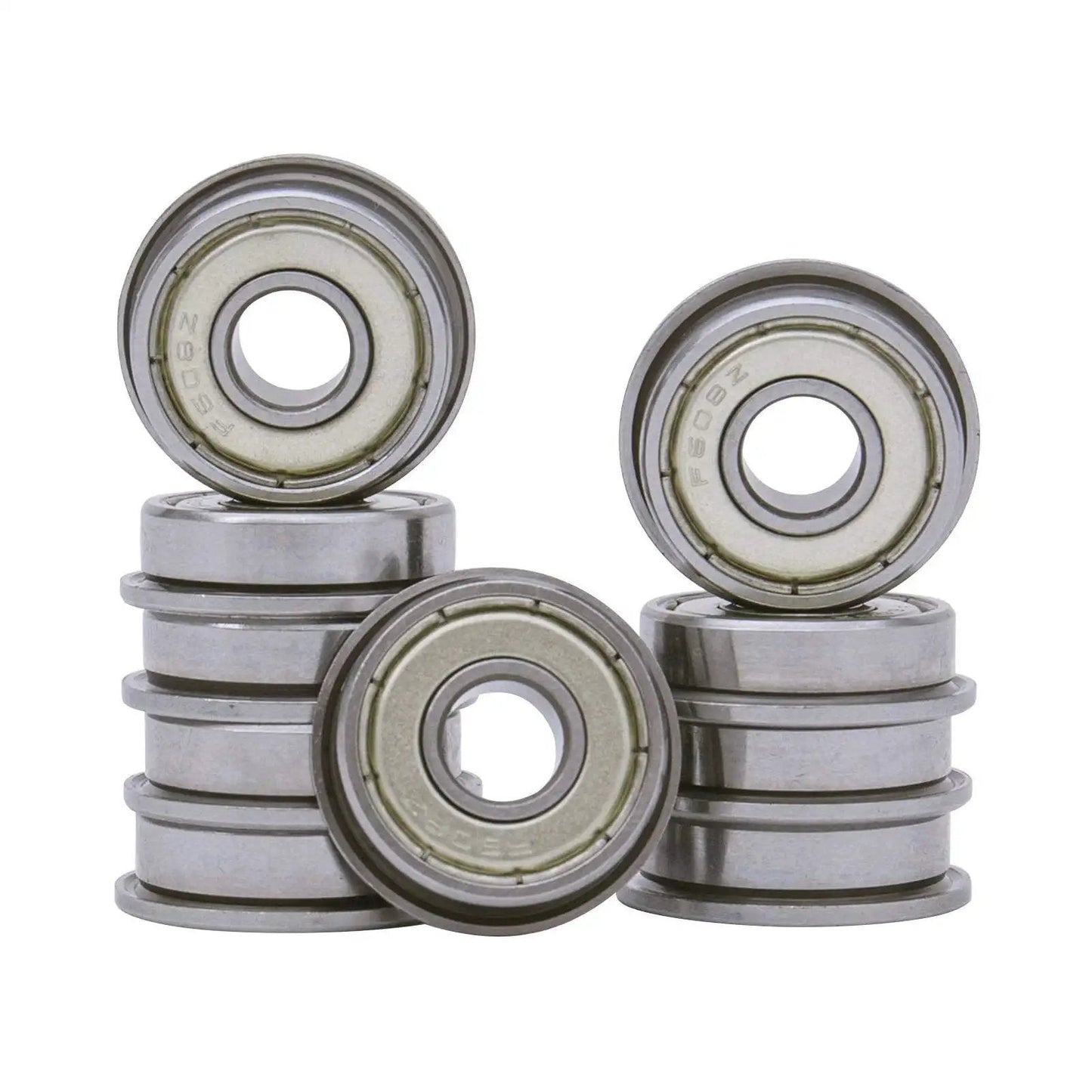 Stack of Flange Deep Groove Ball Bearing 8x22x7mm F608 ZZ Set Of 10 For Machinery, showing shielded design and compact size.