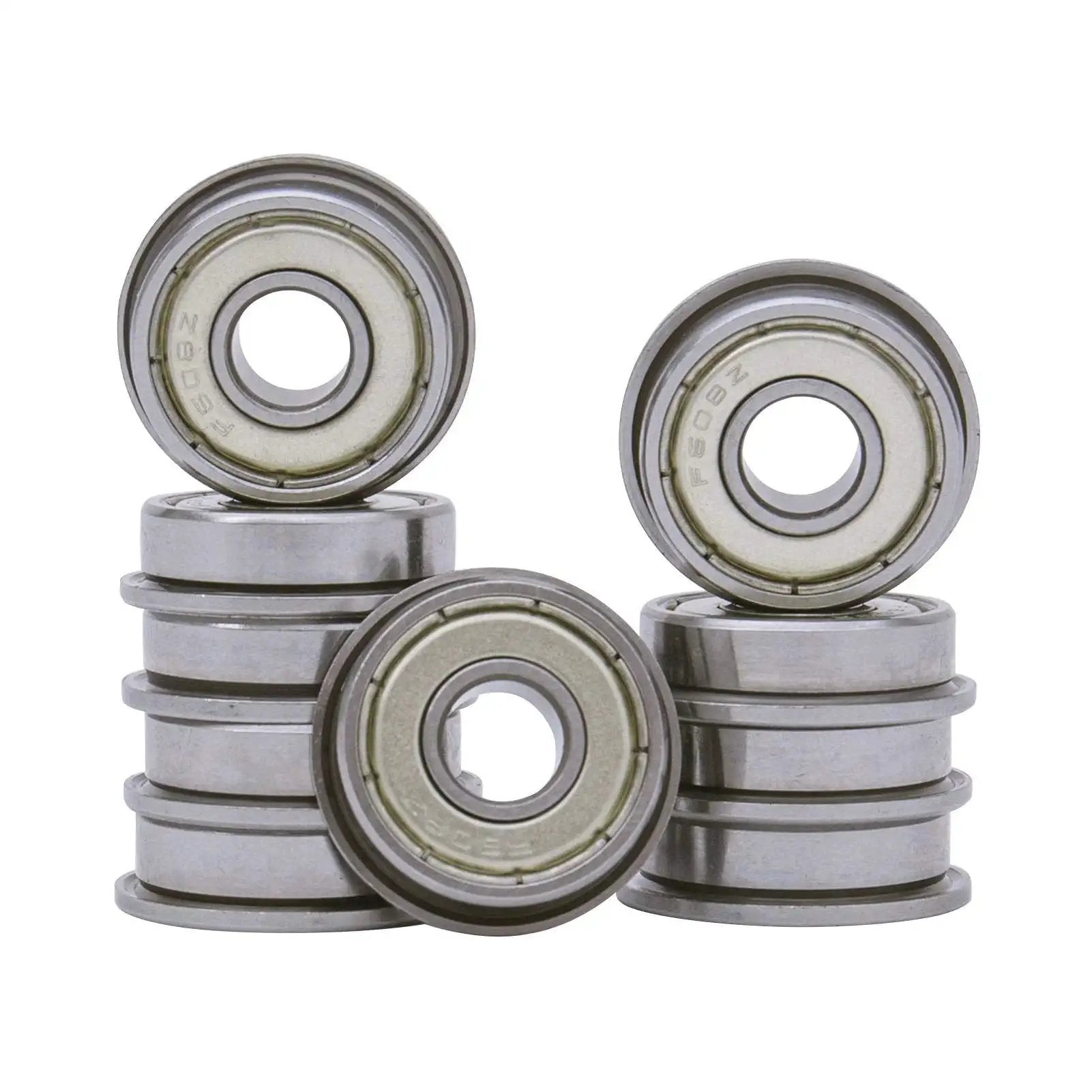 Stack of Flange Deep Groove Ball Bearing 8x22x7mm F608 ZZ Set Of 10 For Machinery, showing shielded design and compact size.