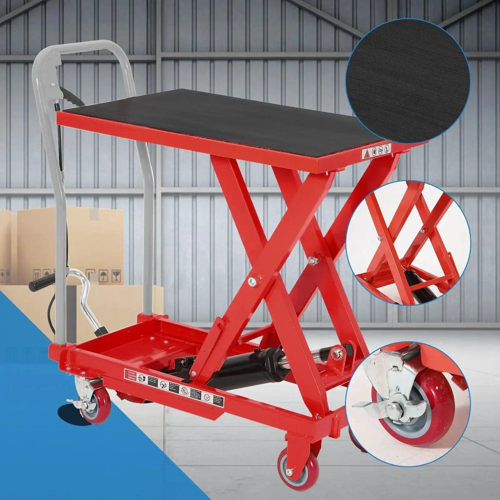 Heavy Duty Hydraulic Lift Table Cart 1100LB Capacity With 32 Inch Lift Height in warehouse setting, red frame, four casters