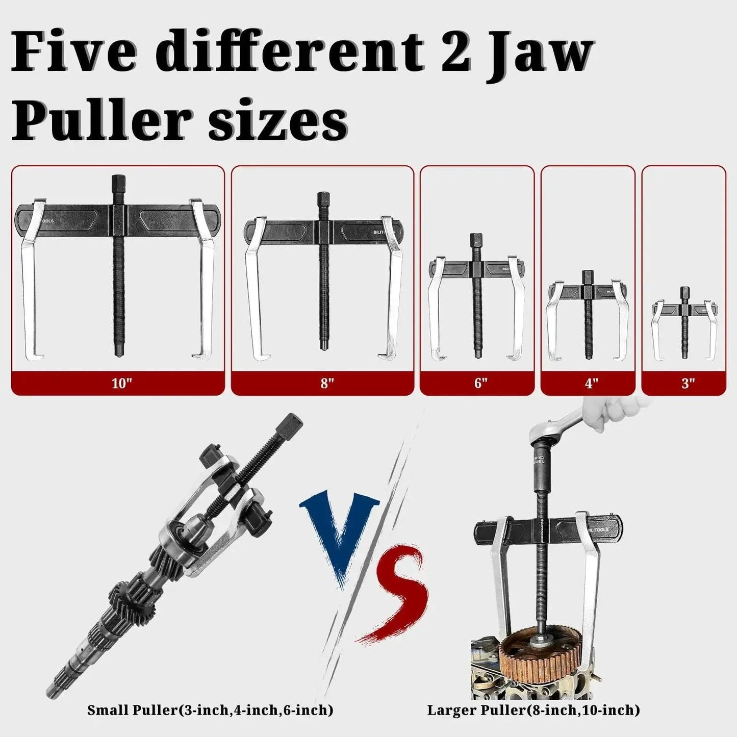 Five different 2 Jaw Puller sizes, including 6 Inch 2 Jaw Gear Puller For Internal And External Removal, displayed in varying dimensions.