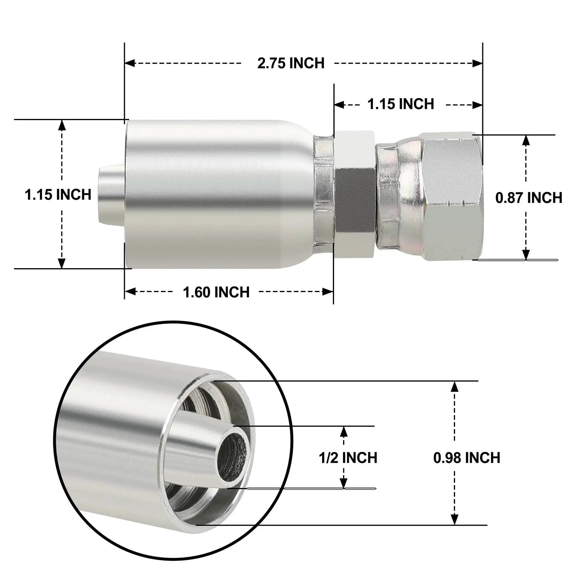 Rugged 1/2 Inch Hydraulic Hose Fittings Swivel JIC 37 Degree Female End with measurements for single wire hose crimp
