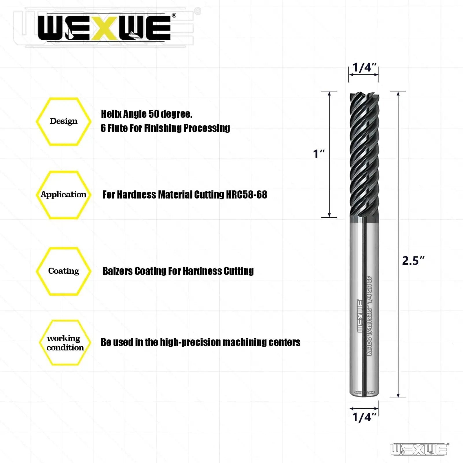 Carbide End Mill 6 Flute Square Milling Cutter With 50 Degree High Helix For High Hardness Steel Finishing Balzers PVD Coated Tungsten