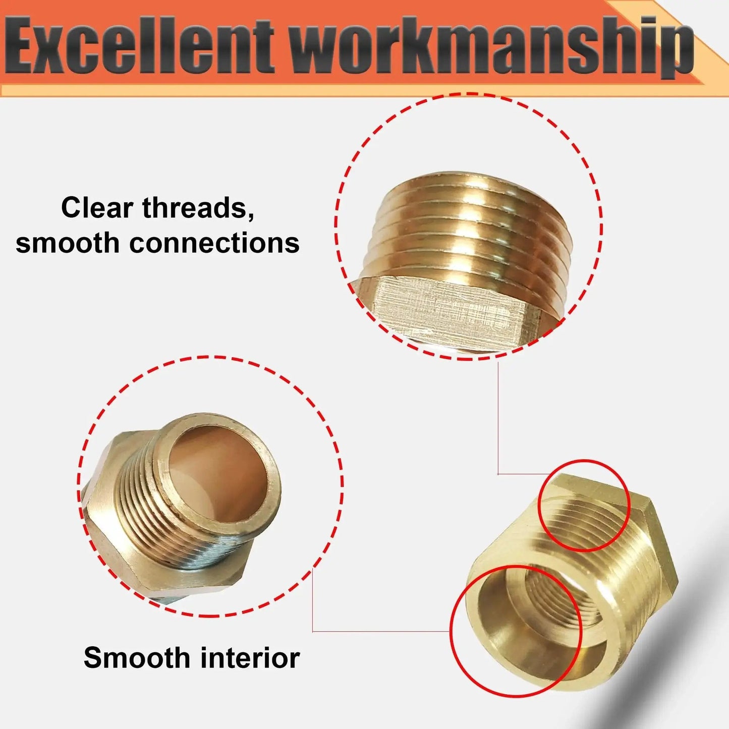 Brass 3/4 Inch NPT Male To 1/4 Inch Female NPT Reducer Bushing Hex Pipe Fitting Adapter showing smooth threads and interior